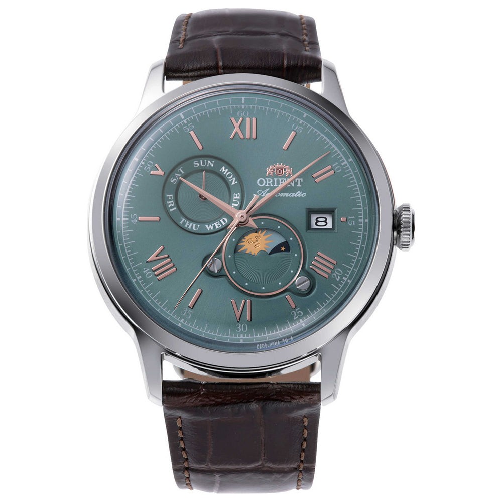 Orient Men’s Bambino Sun & Moon Green Dial Automatic 42mm Watch RA-AK0805E