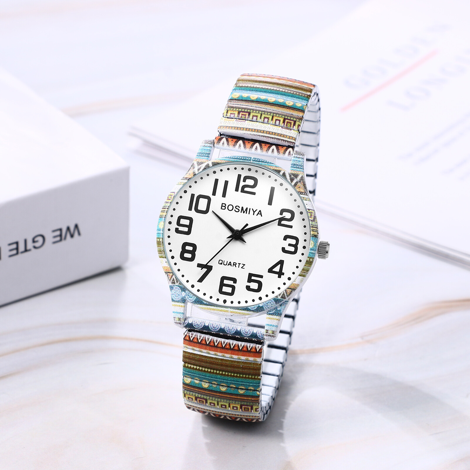 Womens Girls Boho Printed Elastic Band Big Numbers Round Dial Analog Wrist Watch
