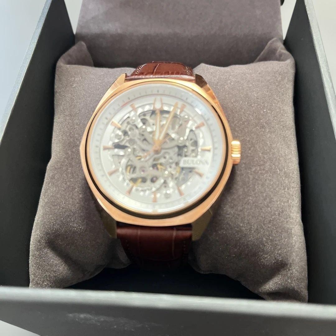 Bulova Surveyor 97A175 Automatic Skeleton Watch Rose Gold-Tone Brown Leather