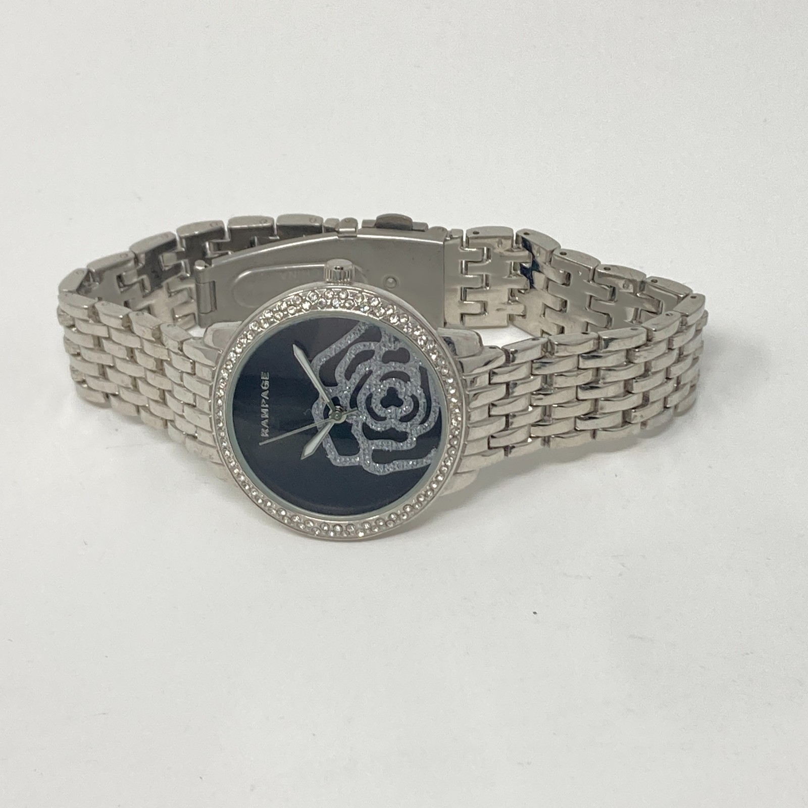 Rampage Womens Watch 36mm Floral Crystals Silver Tone Black Bling New Battery 8″