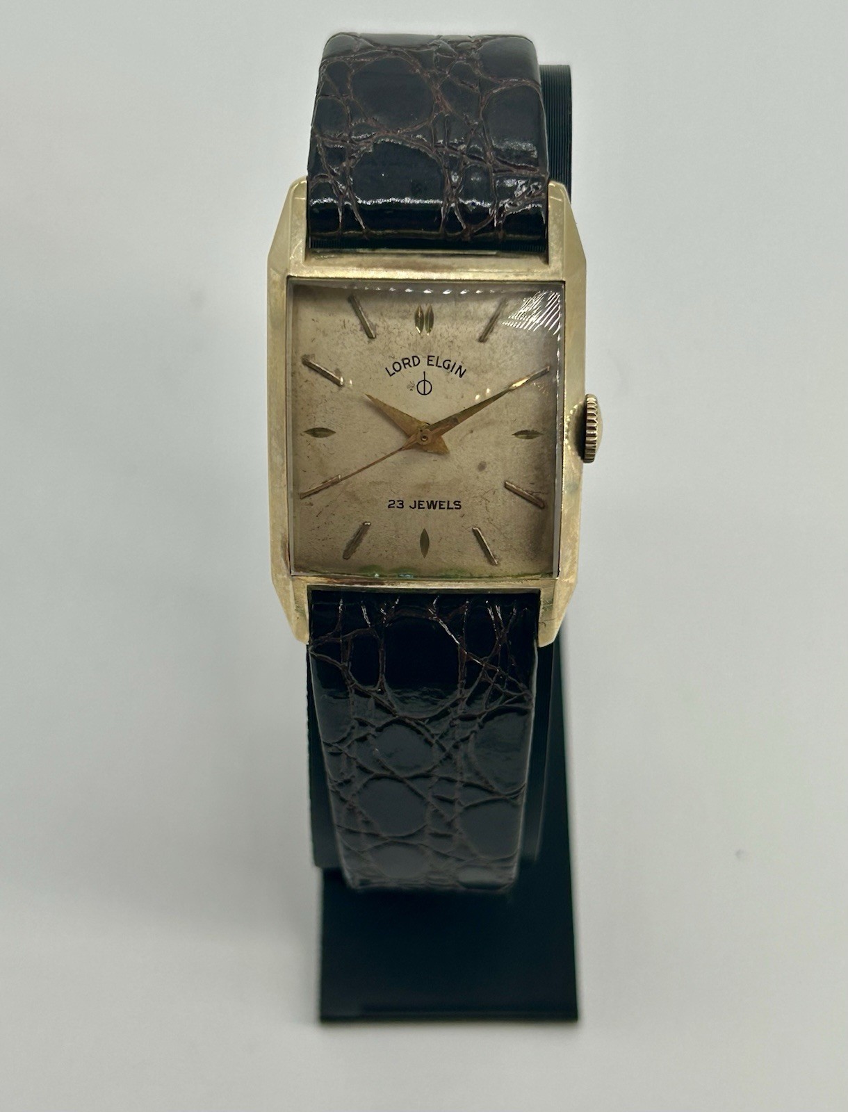 Vintage Lord Elgin 23J Cal. 750 14K Gold Filled Tank Watch 1950s Runs 24mm