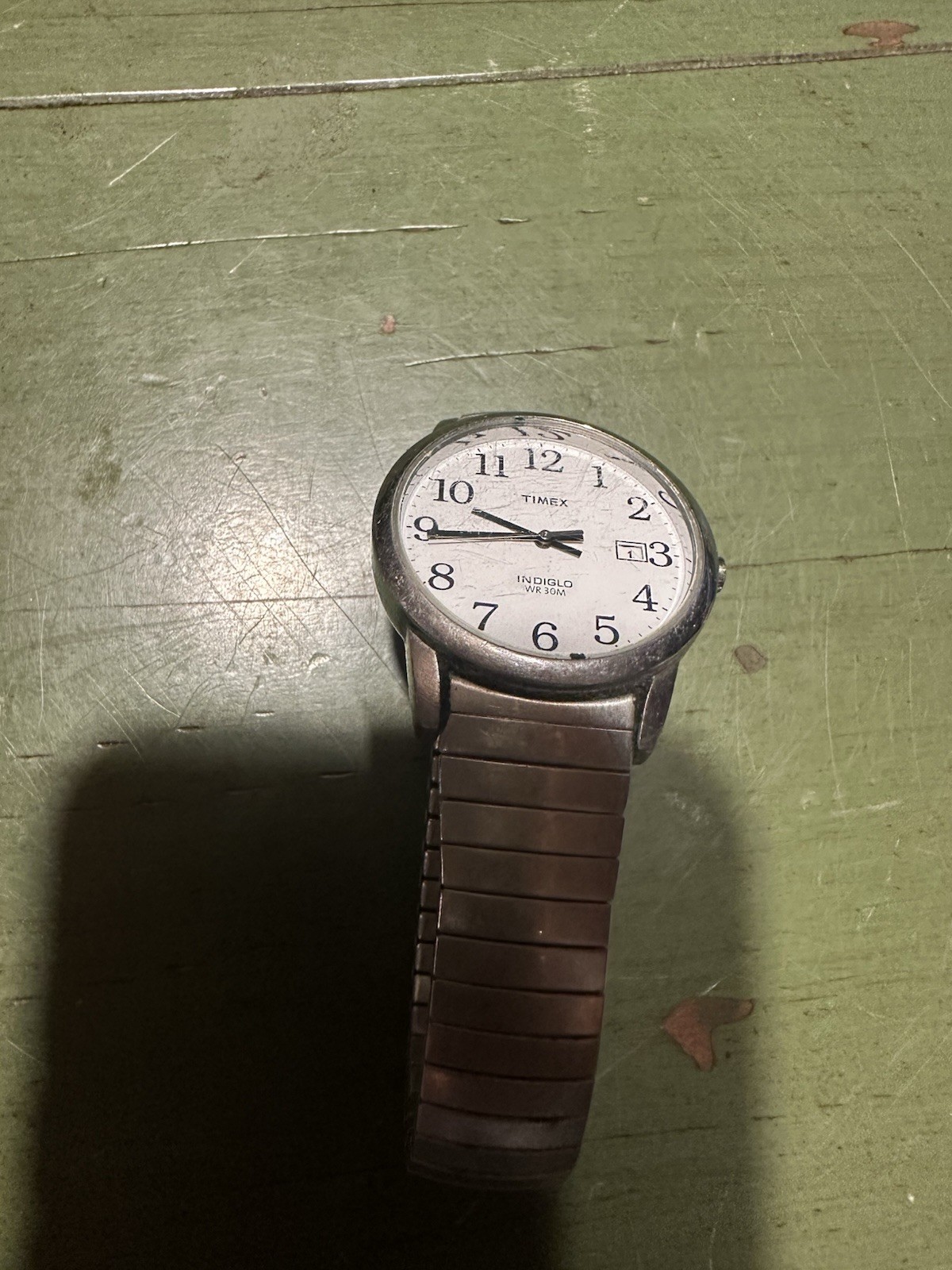 Timex Indiglo Quartz Analog Watch White Dial Date WR 30m Silver Expansion Band