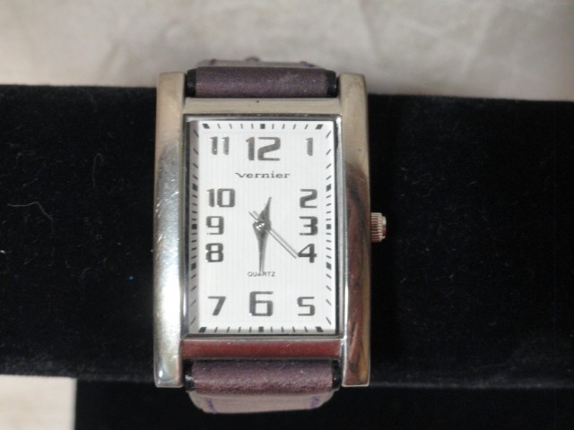 WOMENS VERNIER WATCH SILVER TONE PLUM PURPLE LEATHER BAND RECTANGLE WHITE DIAL