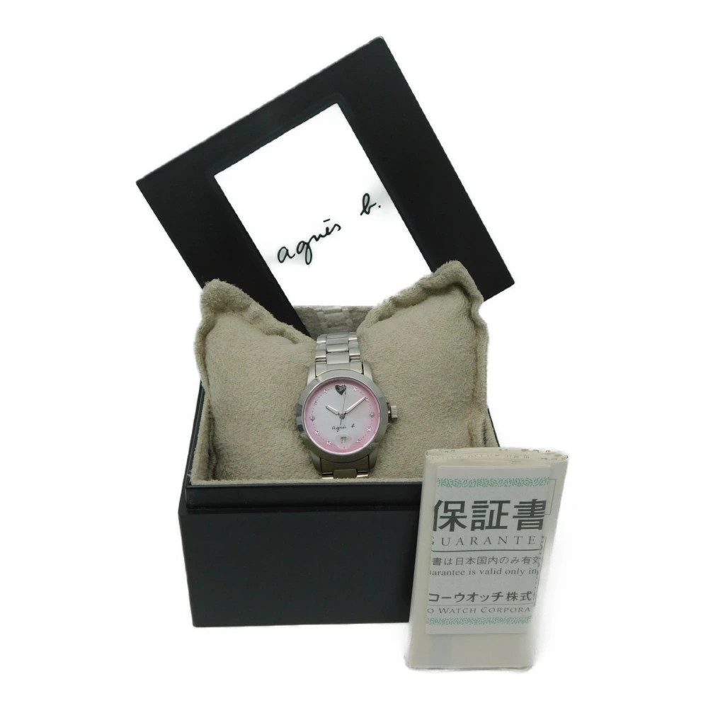 agnes b Shell Pink Dial Stainless Steel Quartz Watch Timepiece Womens