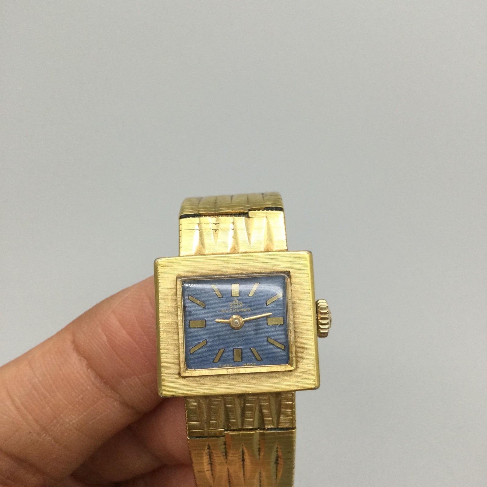 Vintage Bucherer Womens Watch 20mm Blue Rectangle Dial 10K GP Manual 5255-3 6.5″