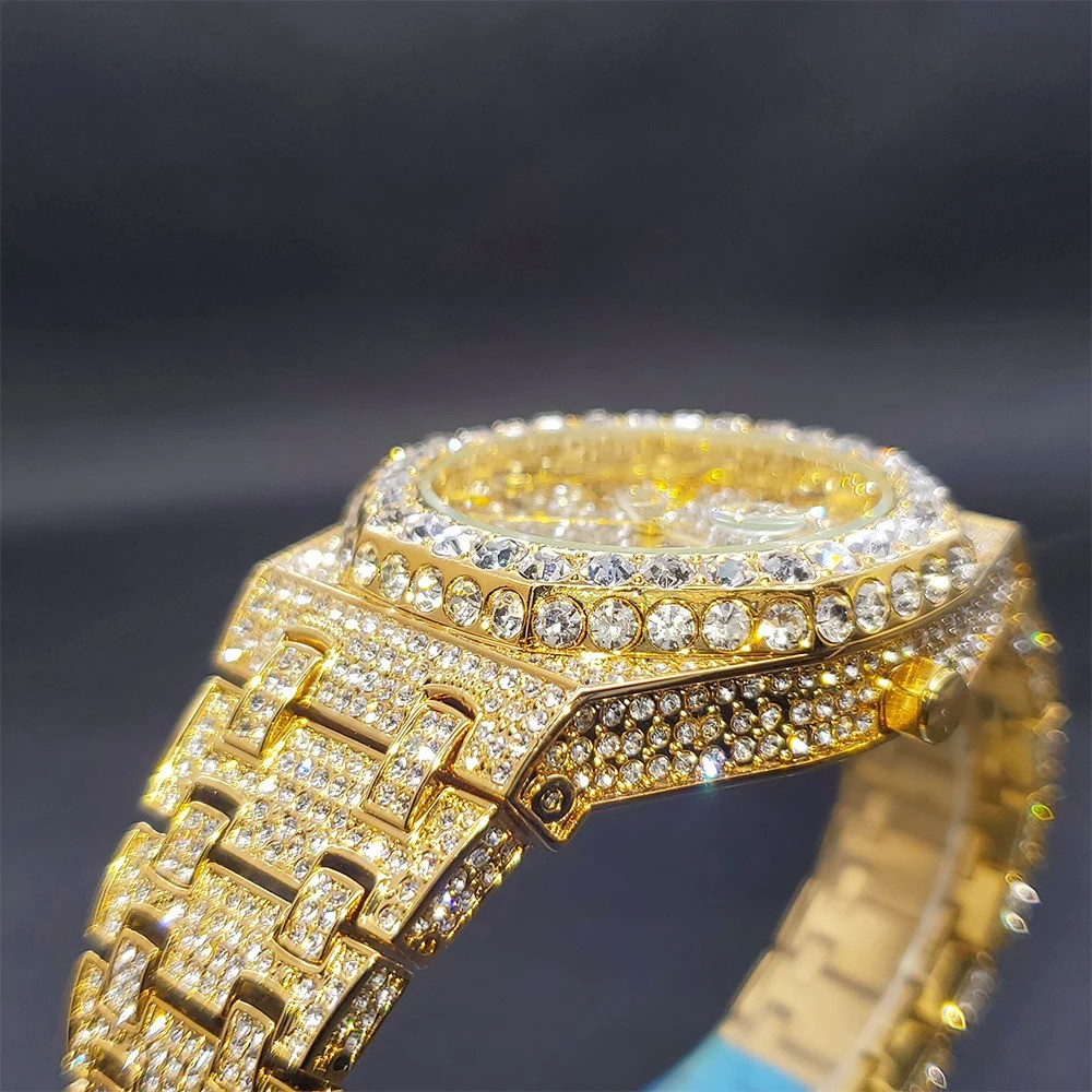Mens Diamond Bling Watch Quartz Luxury Zircon Bezel Fashion Wristwatch