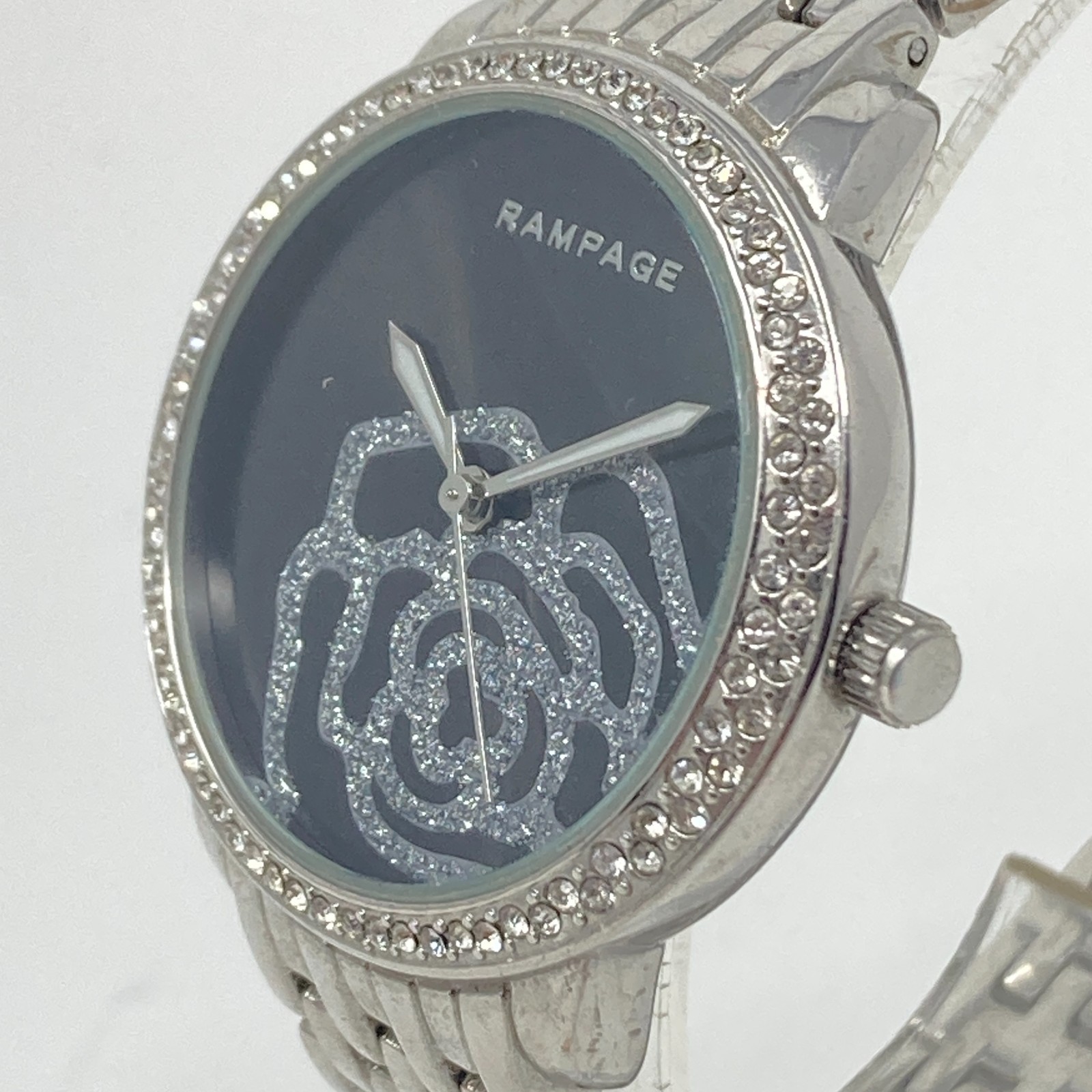 Rampage Womens Watch 36mm Floral Crystals Silver Tone Black Bling New Battery 8″