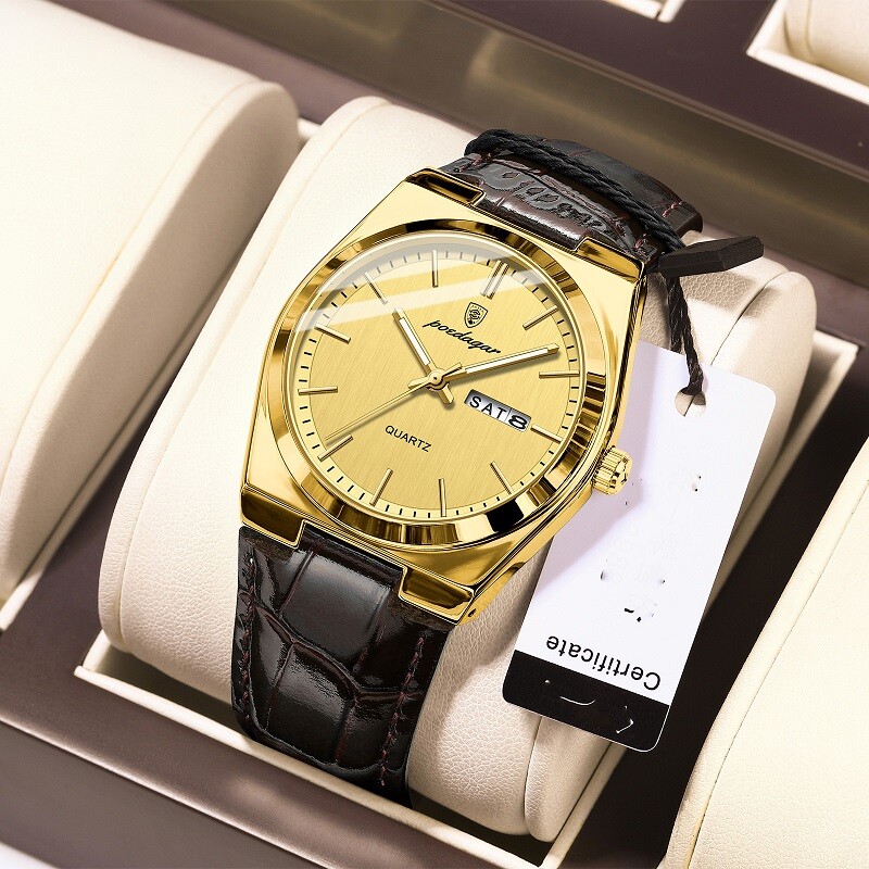 POEDAGAR Fashion Analog Men Watch Waterproof Luminous Leather Quartz Wristwatch