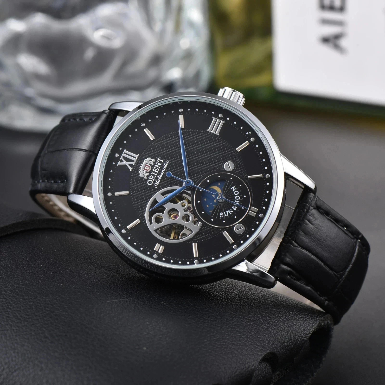 Orient Sun & Moon Semi Skeleton Automatic Watch Men’s Leather Strap Luxury Gift