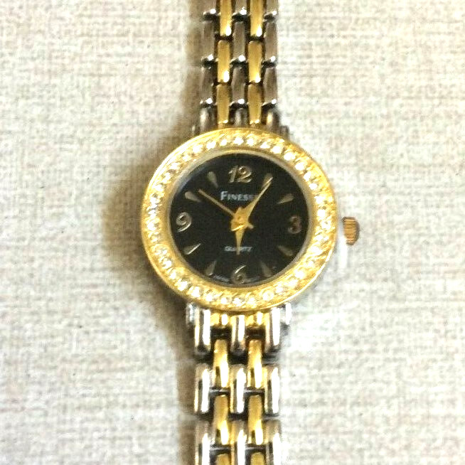 Finesse Womens Watch Round Black Dial Easy to Read on Two Tone Linked Band New!