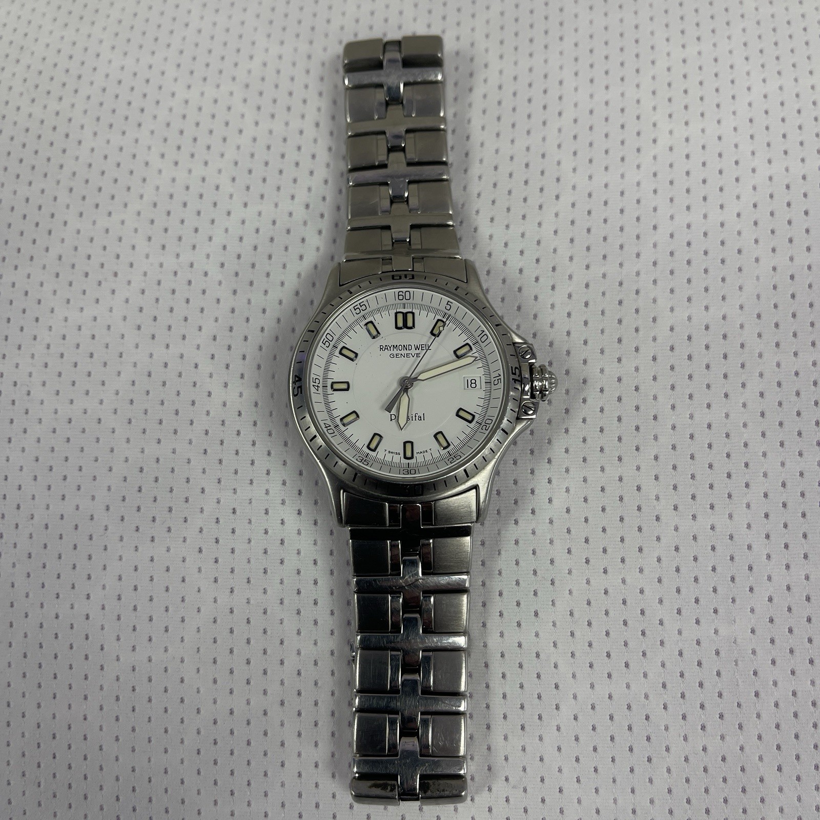 Raymond Weil Parsifal 9091 Swiss Quartz Steel Watch White Dial Date 7″ Band