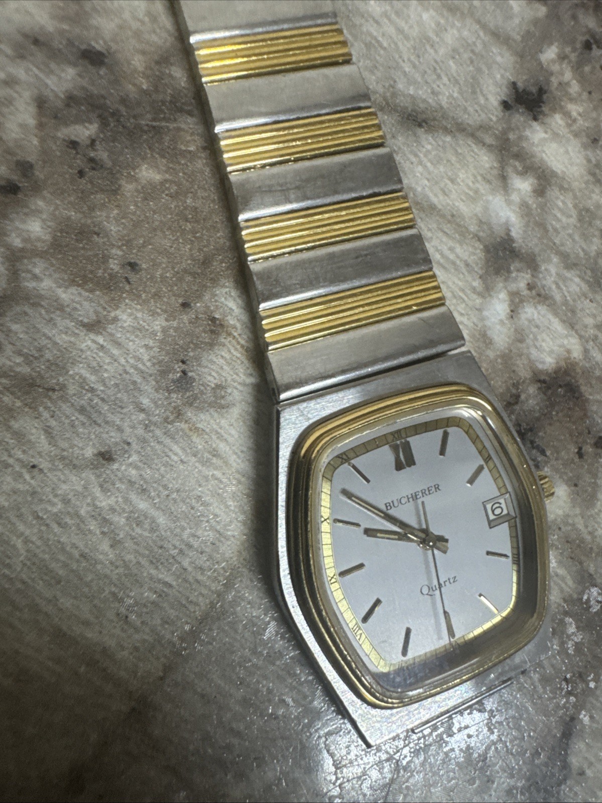 Vintage Bucherer Quartz Mens Watch 955.522 Swiss Two Tone Silver Gold Running