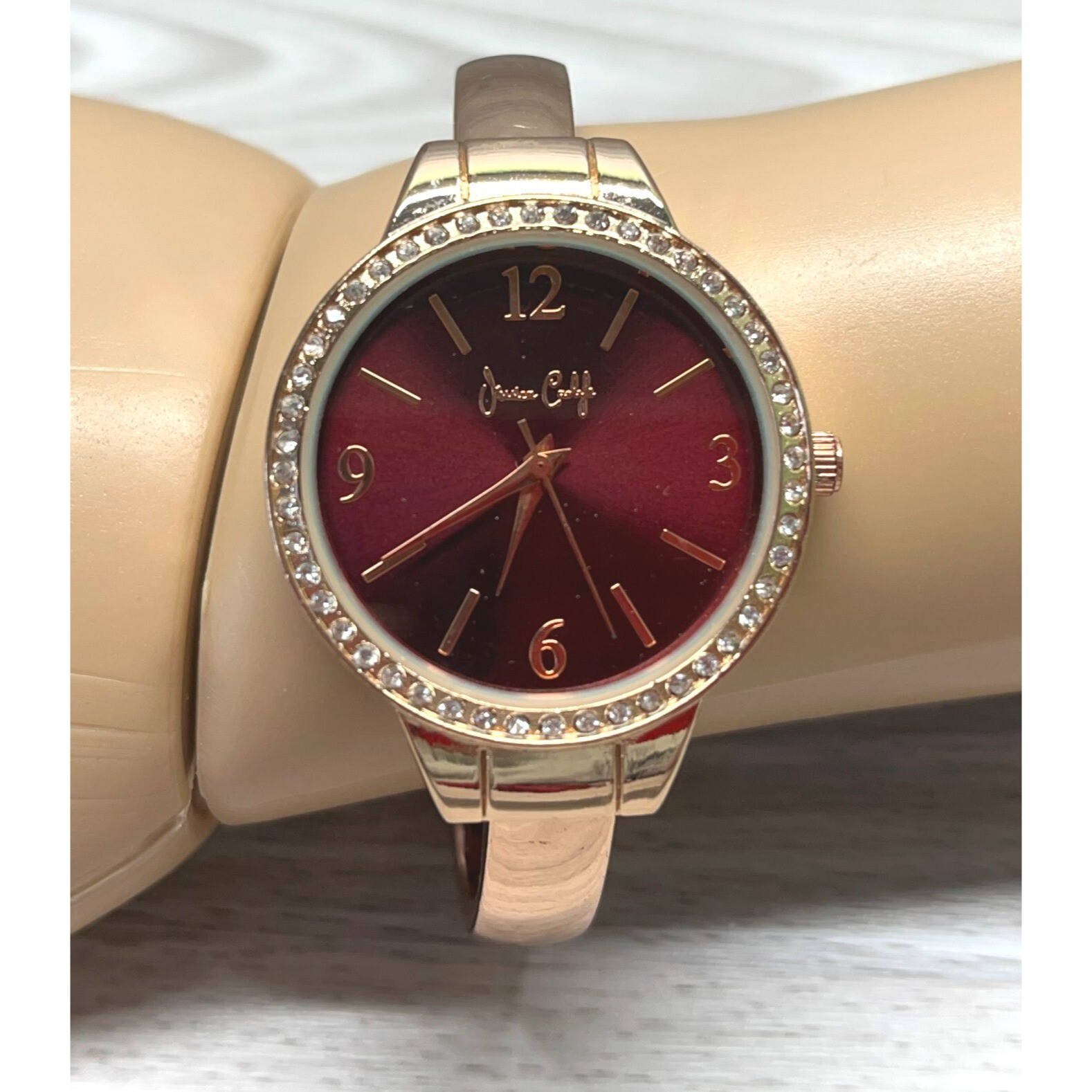 Jessica Carlyle Watch Cuff Bracelet Rose Gold Tone Quartz Rhinestones