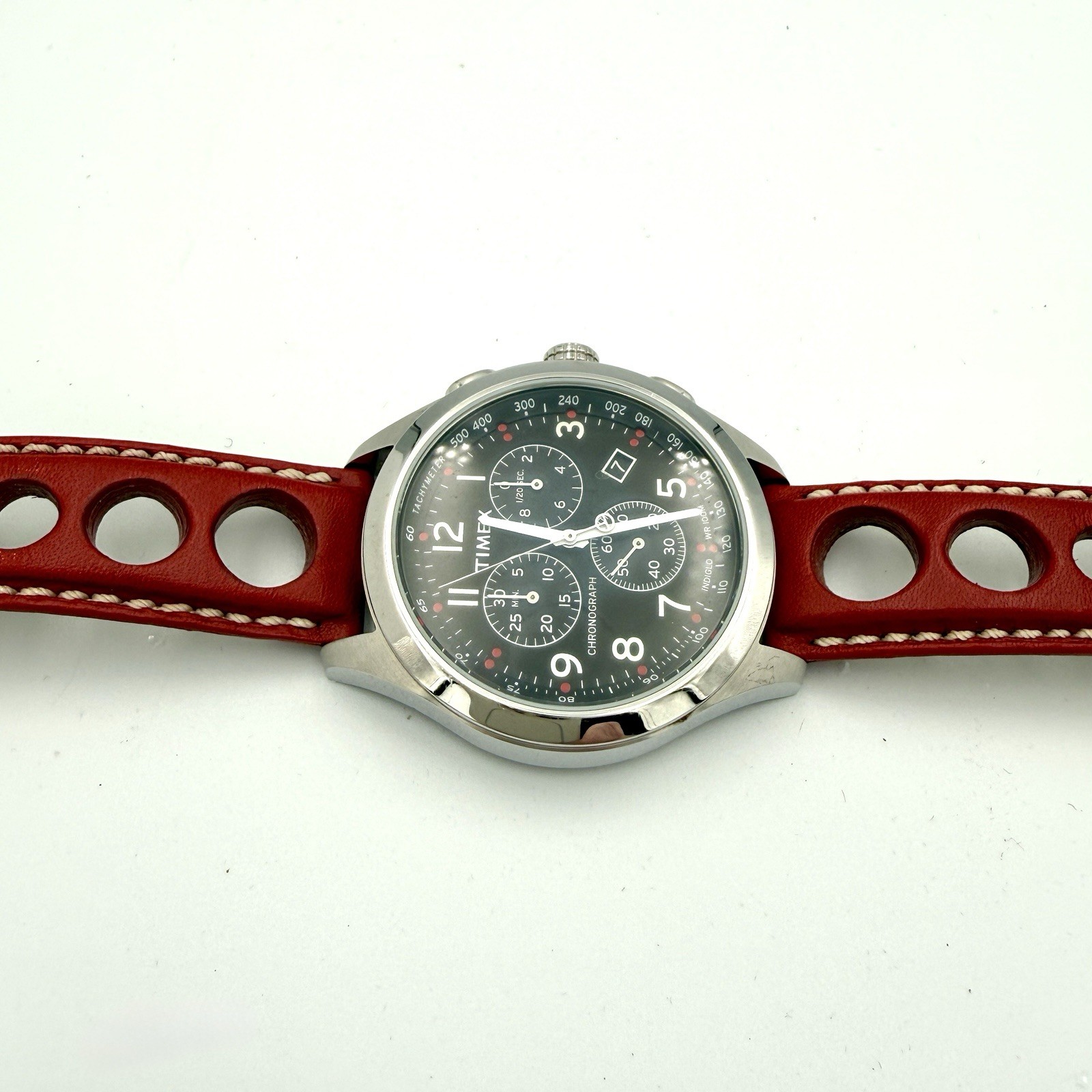 Timex T Series Racing Chronograph 42mm SST Red Leather Strap Needs Battery NEW