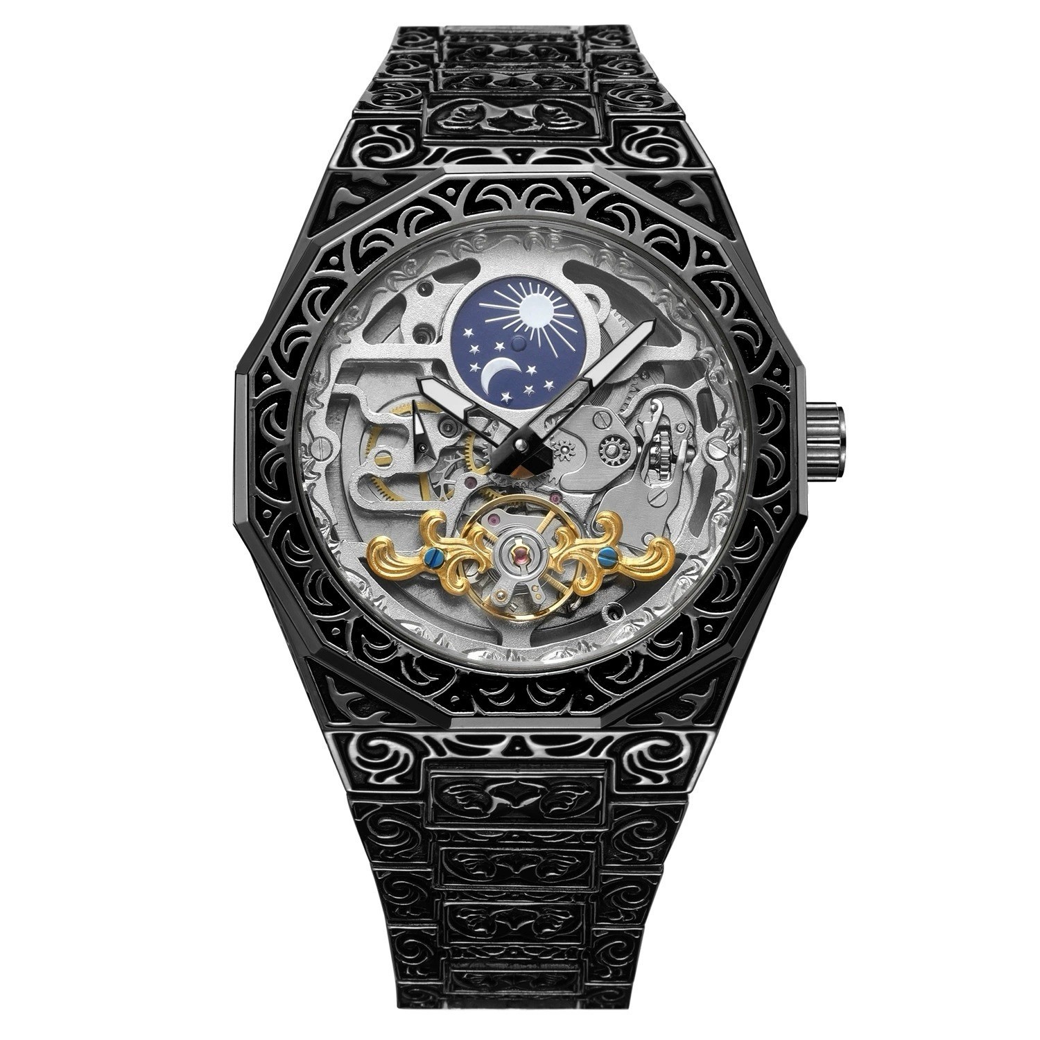 Forsining Skeleton Carved Tourbillon Mechanical Moon Dial Mens Watch waterproof