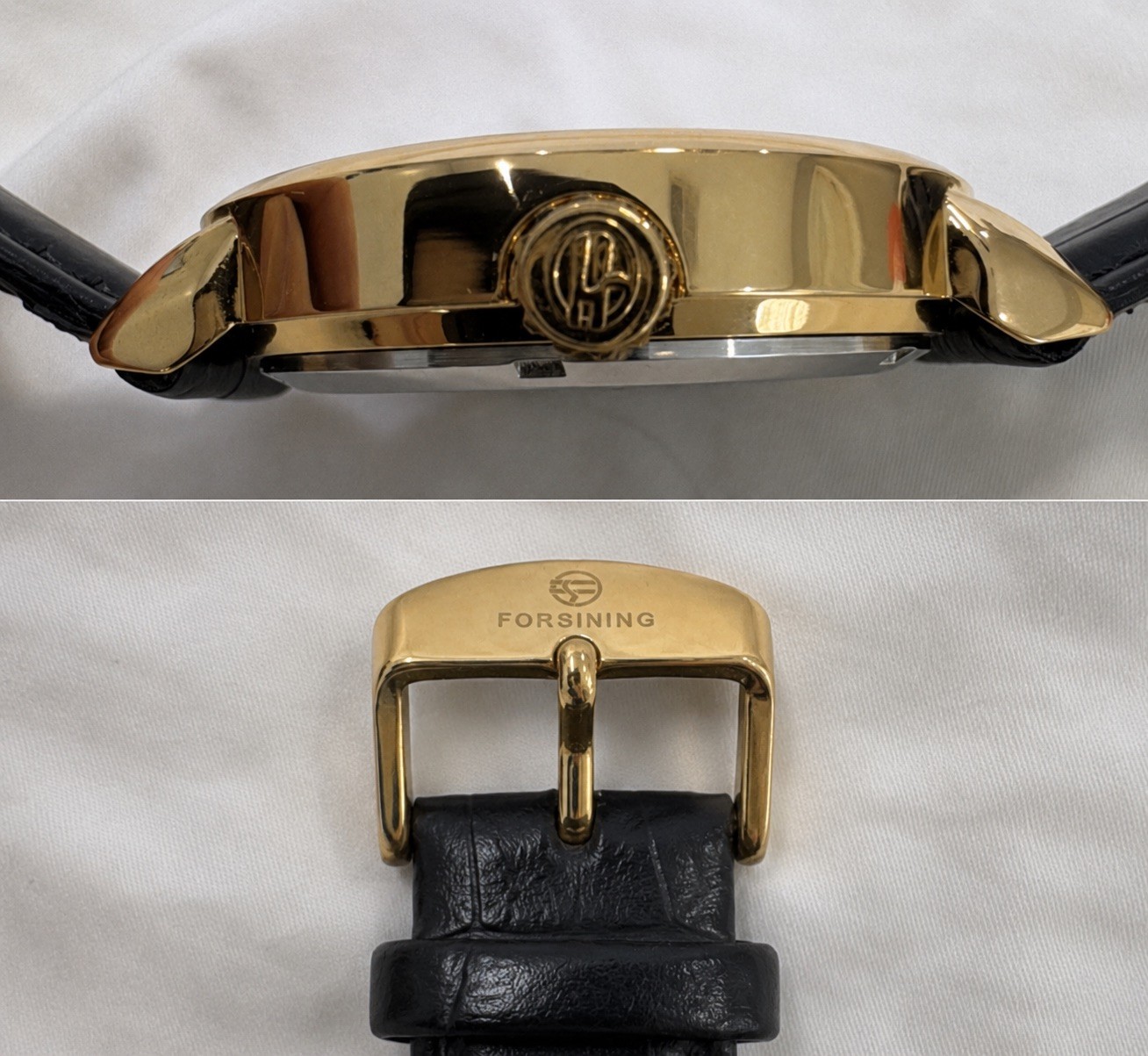 FORSINING Men’s Manual Skeleton Watch Gold Case Black Synthetic Leather Strap