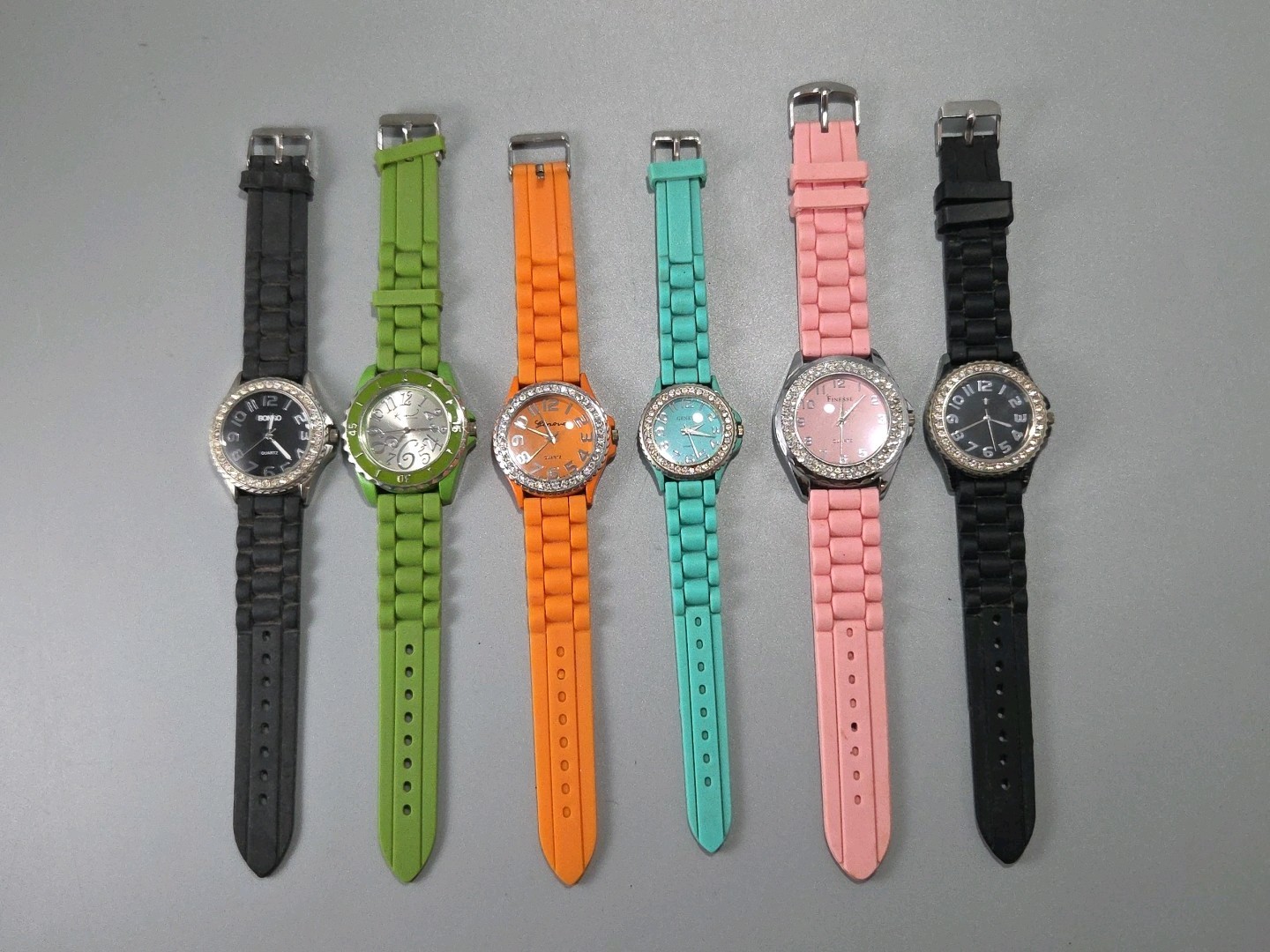 Lot of 6 Rubber/Silicone Band& Rhinestone Watches..Geneva, Finesse, Bongo…ECU