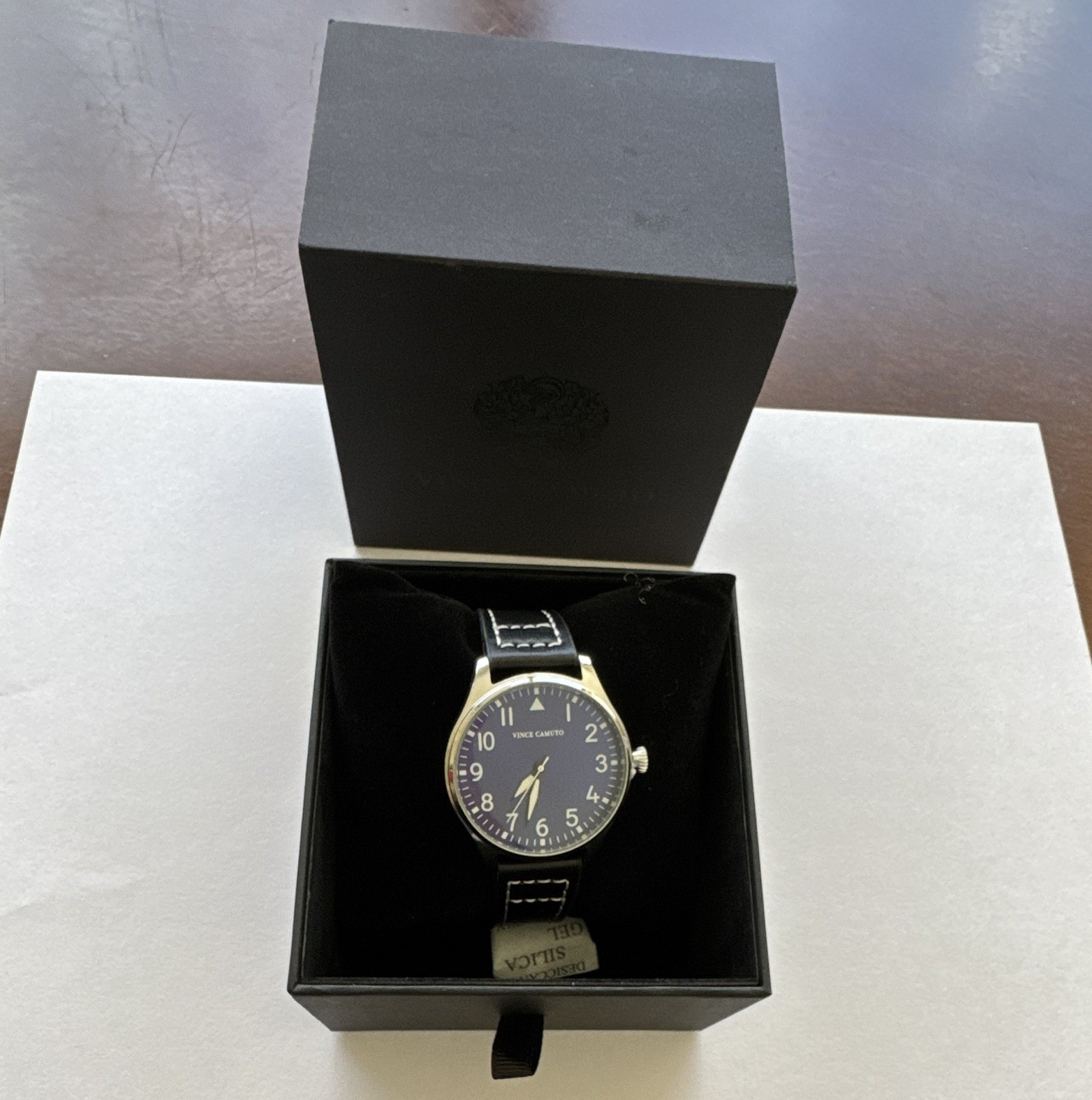 Vince Camuto Quartz Analog Watch Blue Dial Black Leather Strap w/ Box