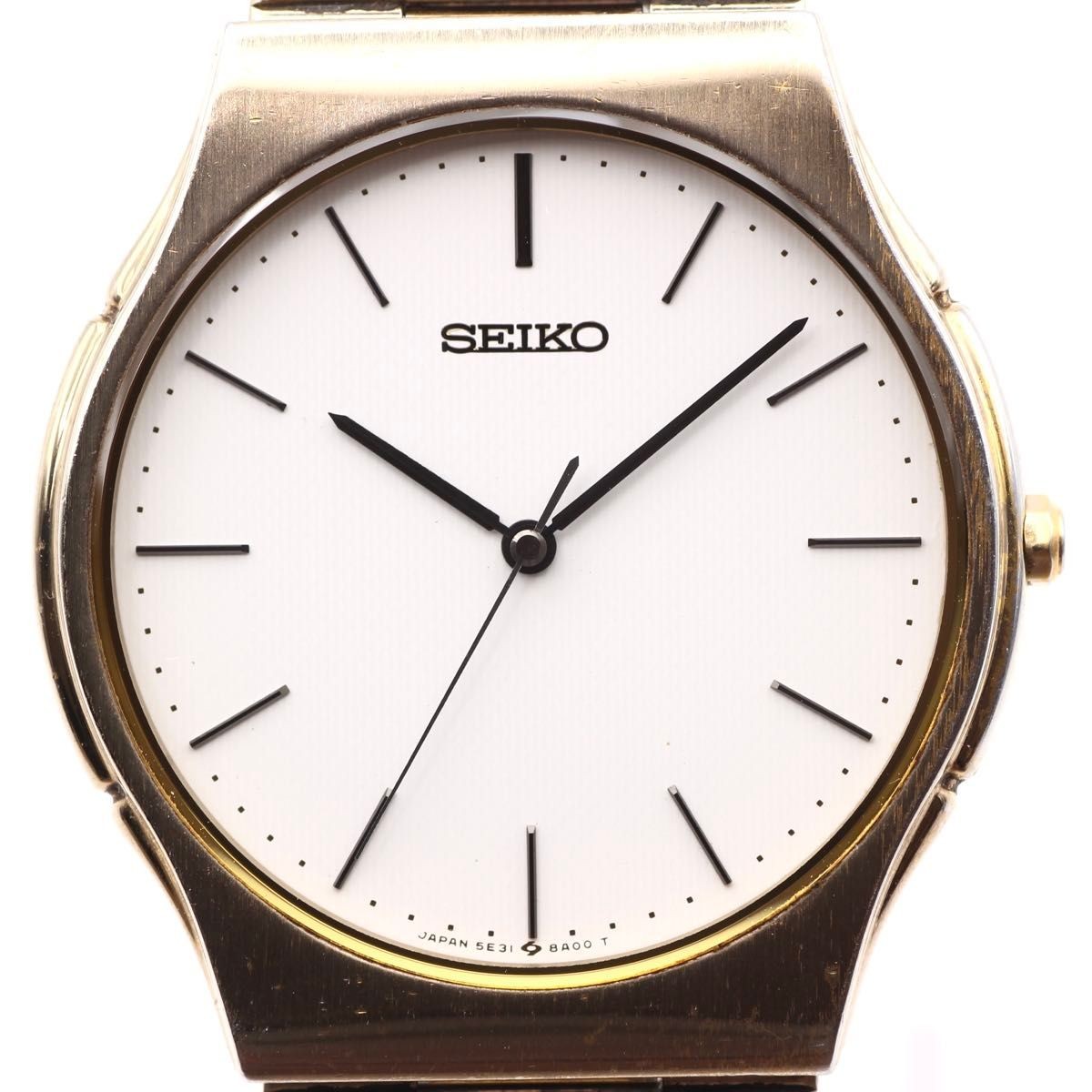 Seiko 5E31-8A00 Quartz Mens Dress Watch 90s Vintage White Dial Slim Japan