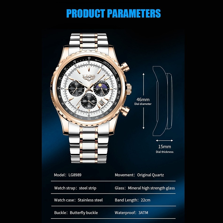 Luxury Men Watch Quartz Date Moon Phase Chronograph Waterproof Sport Wristwatch