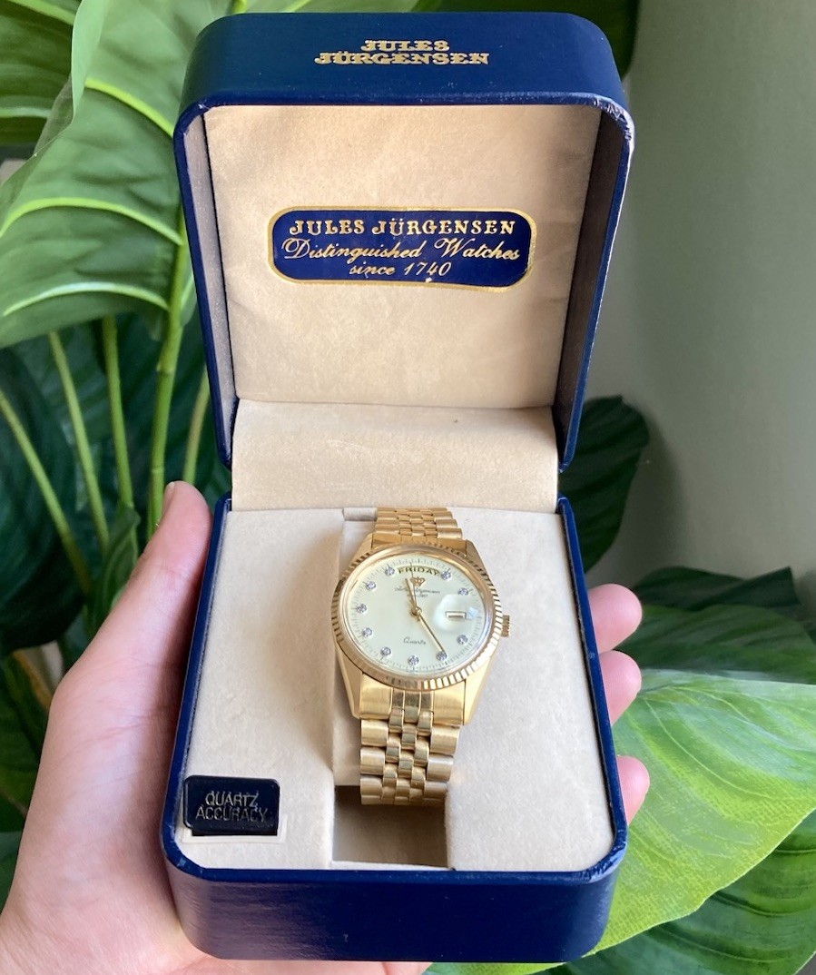 Vintage Jules Jurgensen Swiss Gold Plated President Date Day Mens Watch W/ BOX