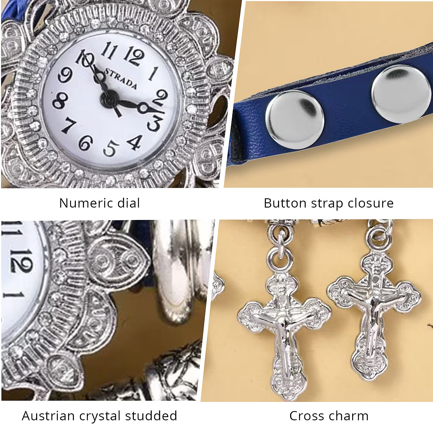Crystal Japanese Movement Cross Multi Layer Bracelet Watch Leather Strap