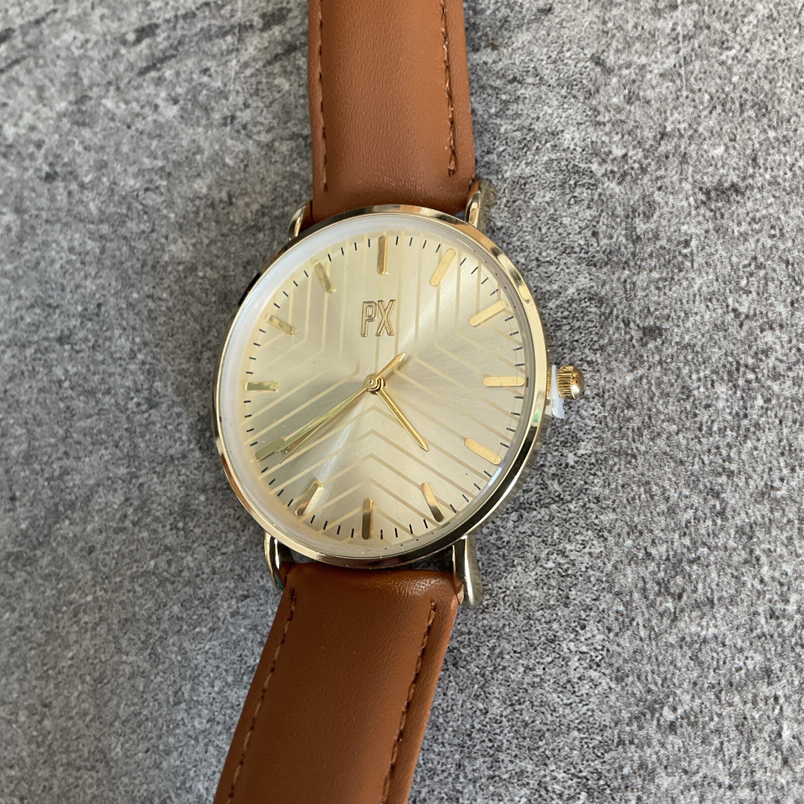 PX Clothing Mens Terry Leather Strap Watch 40mm Gold Tone Case NWOT Bin T