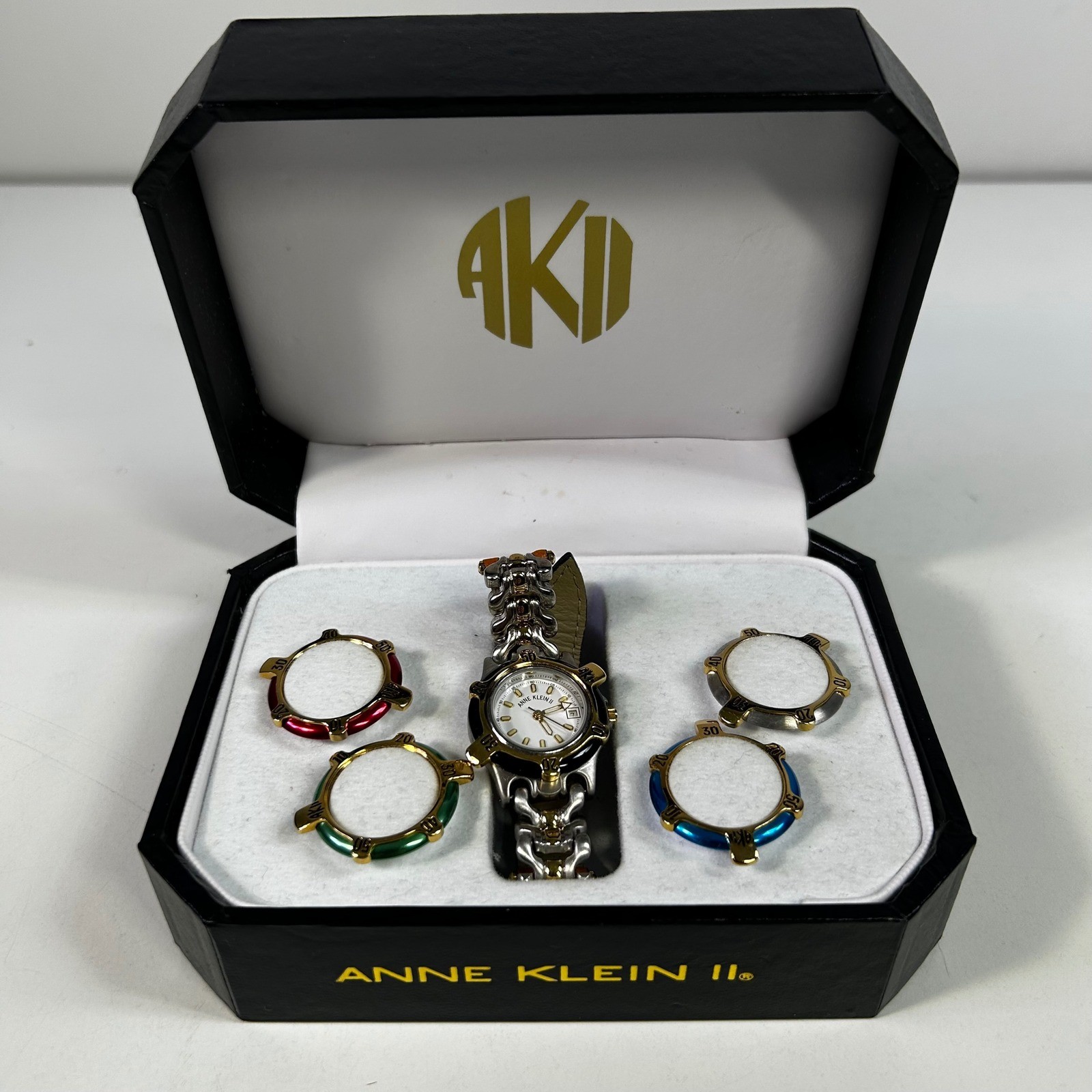 Anne Klein II Vintage Watch Set Two Tone Leather Strap 4 Interchangeable Bezels