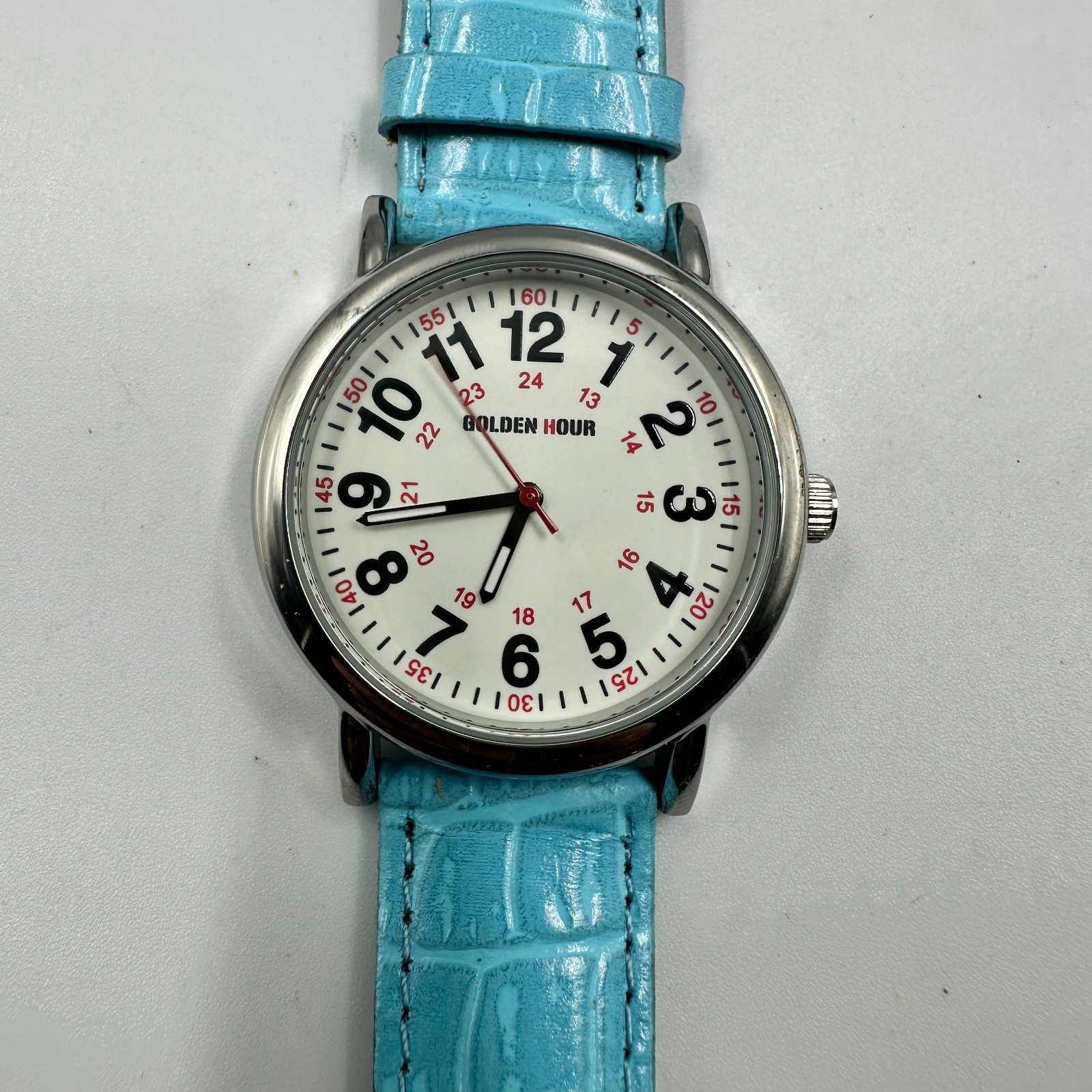 Golden Hour Watch Women Silver Tone Round Dial Blue Leather Band New Battery 9″