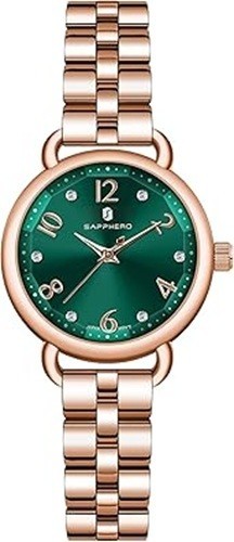 SAPPHERO WOMENS GREEN DIAL WRISTWATCH, ROSE GOLD STAINLESS STEEL, NEW