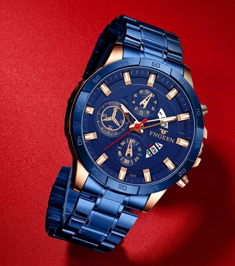 Men Business Luxury Blue & Gold Watch Stainless Steel Quartz Luminous Wristwatch