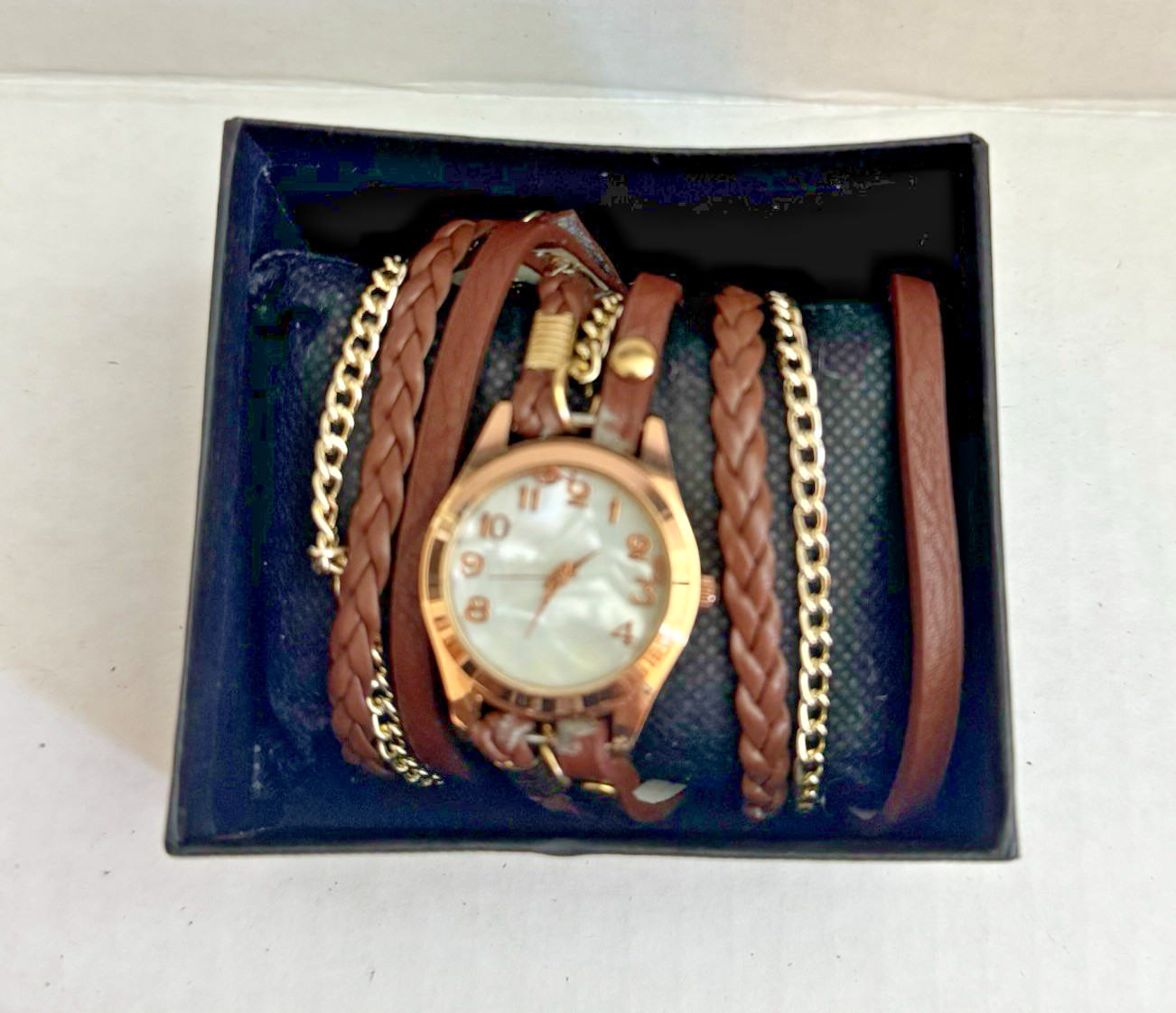 Women’s Braided Wrap Watch Brown Faux Leather Gold Chain Strap Gold-Tone Case