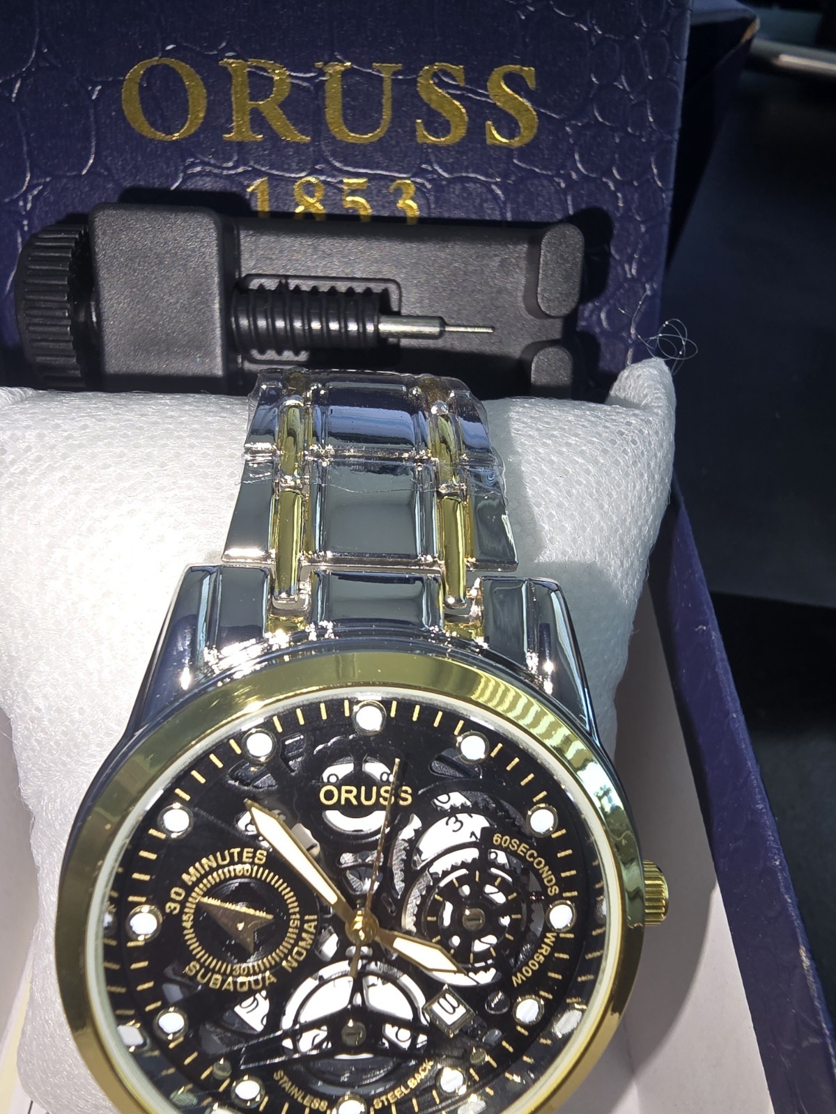 ORUSS 1853 Men’s Skeleton Style Quartz Watch Two Tone Stainless Steel w/Box Tool