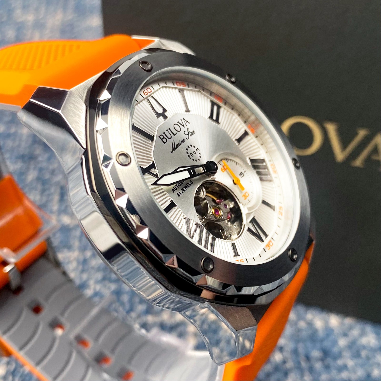 Bulova Marine Star Automatic White Dial Orange Rubber Strap Men’s Watch 98A226