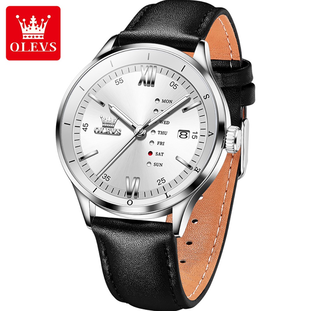 OLEVS Leather Band Quartz Men’s Wrist Watch Day Date Luminous Hands Waterproof