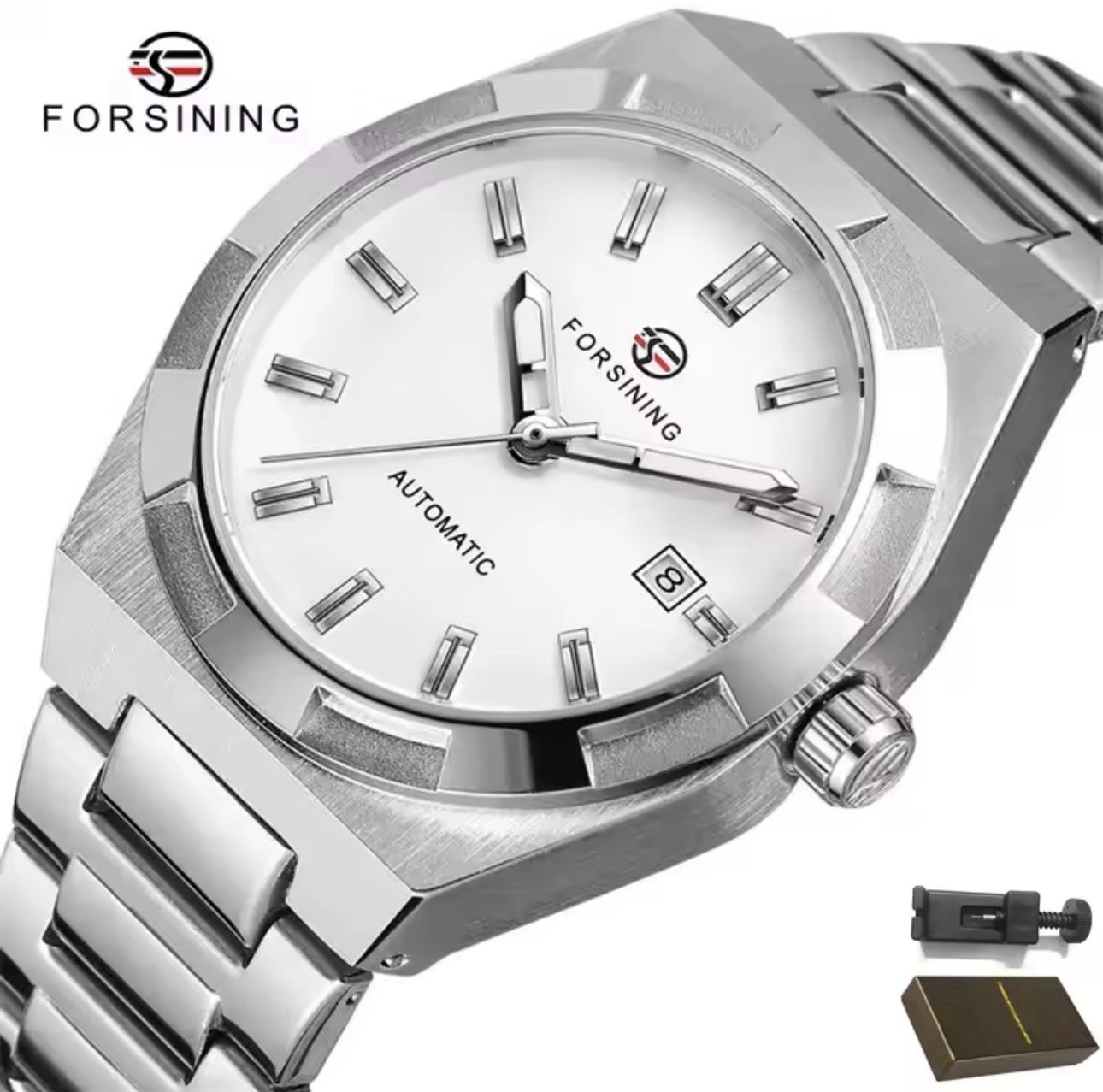 Forsining White Automatic Watch 41mm Expedition Caseback 3bar Stainless Steel