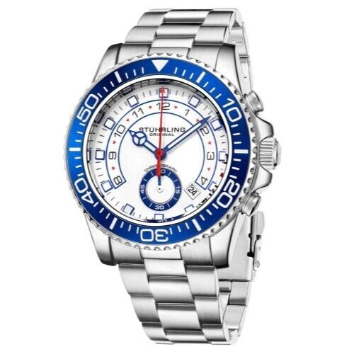 Stuhrling Men’s Chronograph Diver White Dial Blue Bezel Silver Bracelet Watch