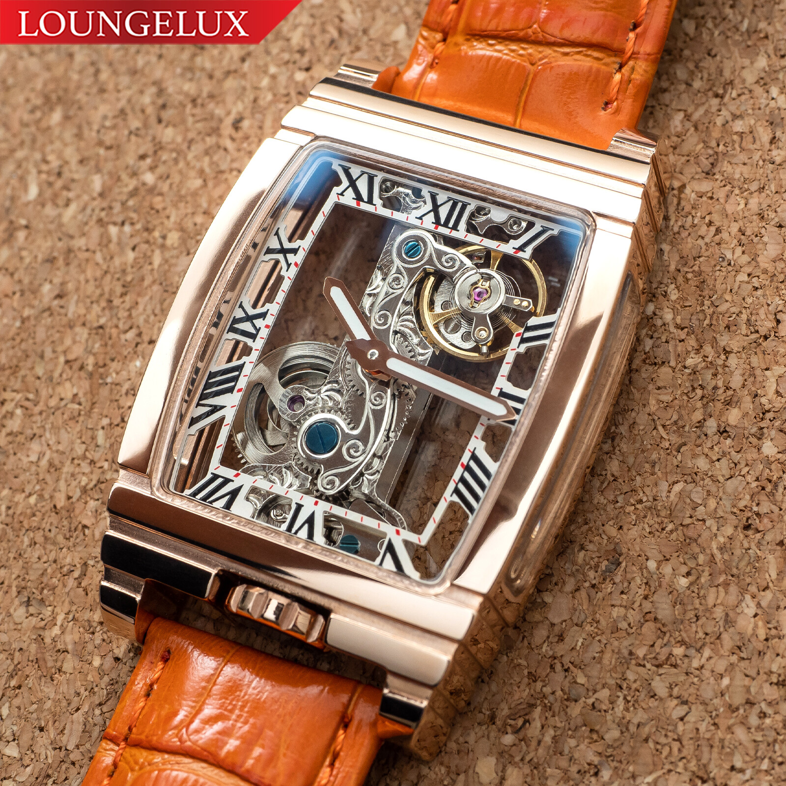 Mens Rose Gold Bridge Manual Mechanical Watch – Orange Leather DIASTERIA 1688W