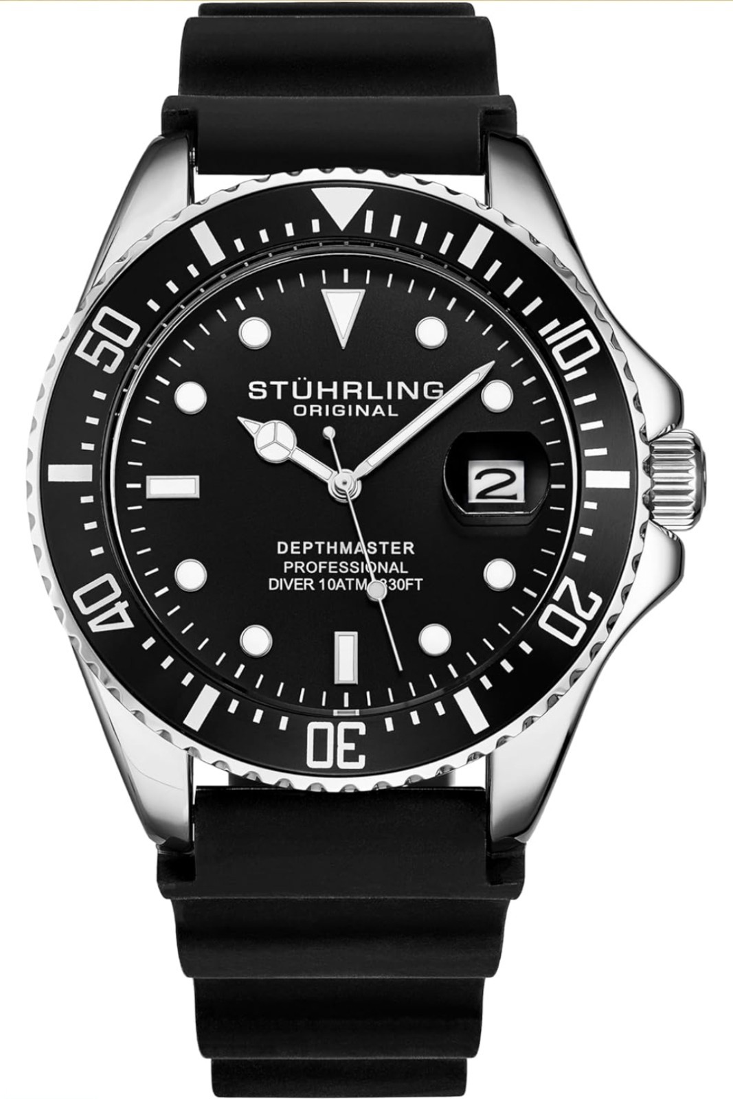 Stuhrling 3950R 1 Aquadiver Quartz Date Black Rubber Strap Mens Watch