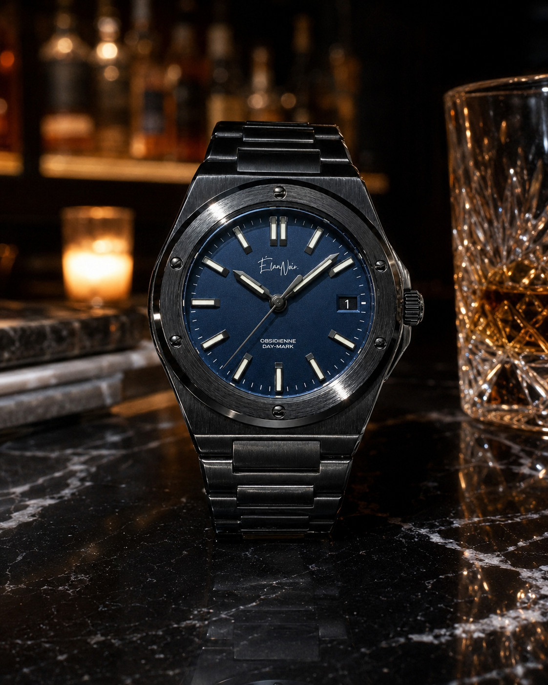 Custom Élan Noir Day-Mark Auto NH35 Watch Navy Blue Dial Sapphire Steel 41mm