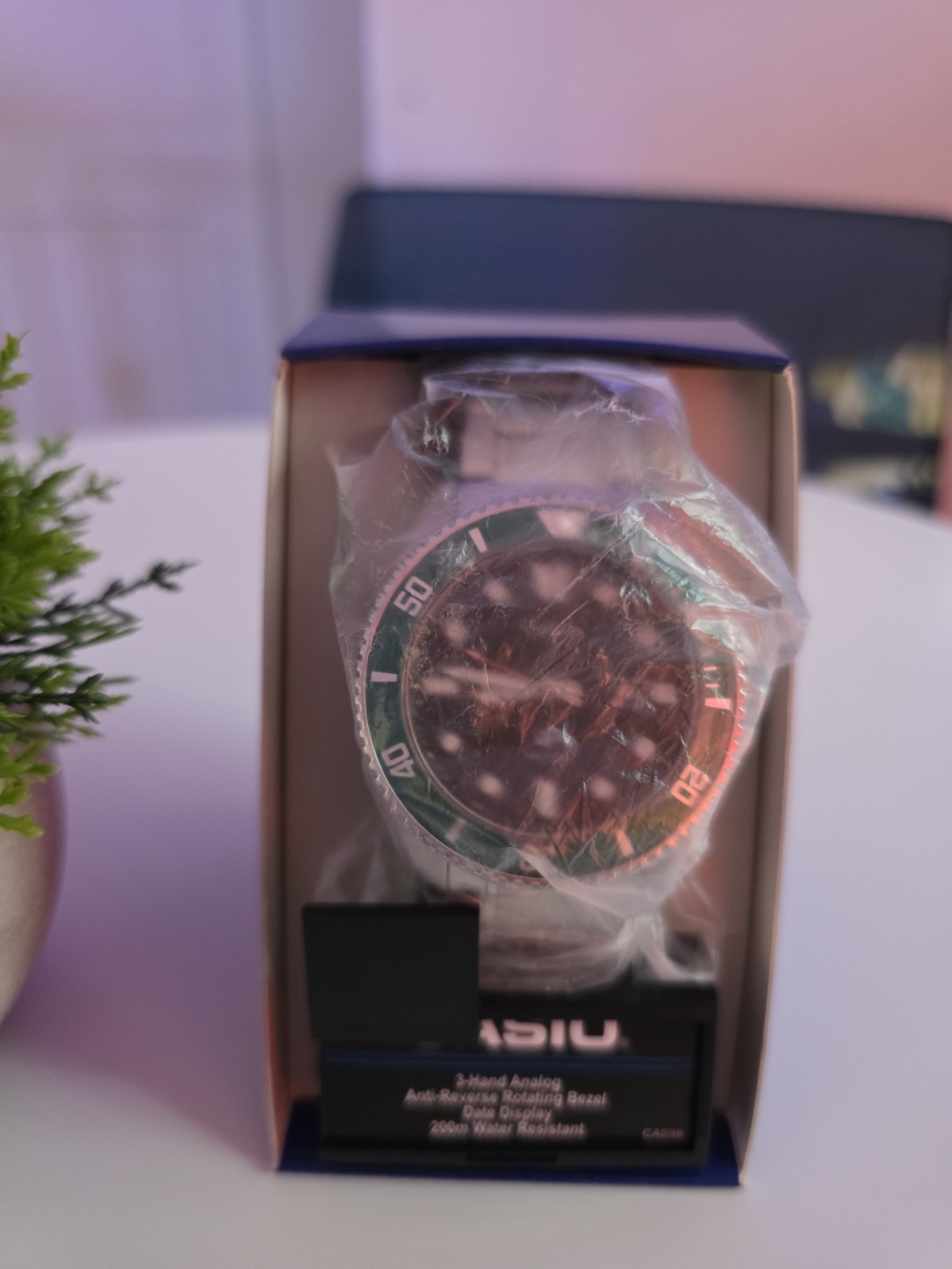 Casio Duro Quartz Analog 44mm Black Dial Green Bezel SS Bracelet w/ Box