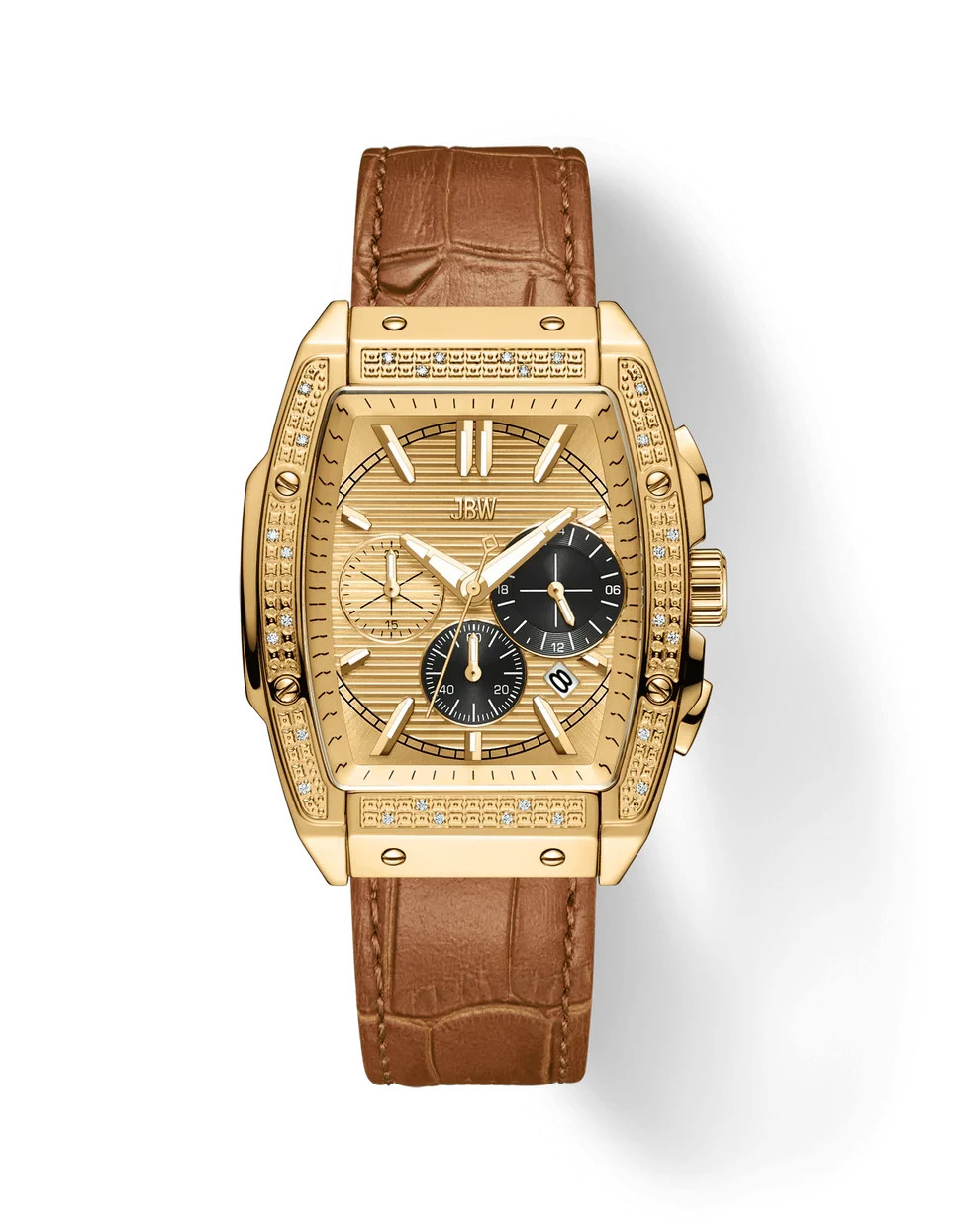 JBW Echelon Men’s Chronograph Watch Gold Tone Brown Leather New Open Box