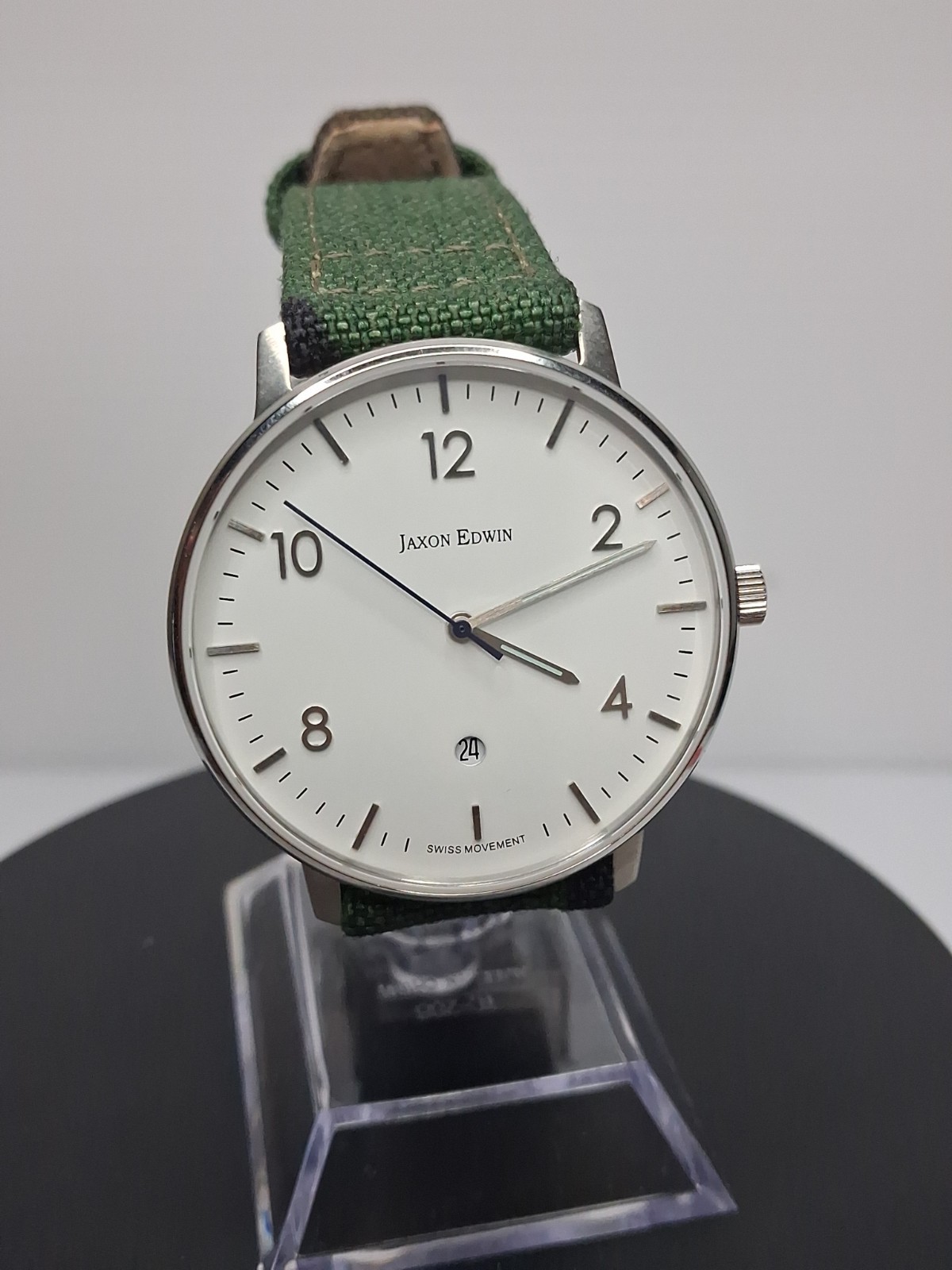 Jaxon Edwin Mens Watch Swiss Movement White Dial Date Canvas leather camo Strap