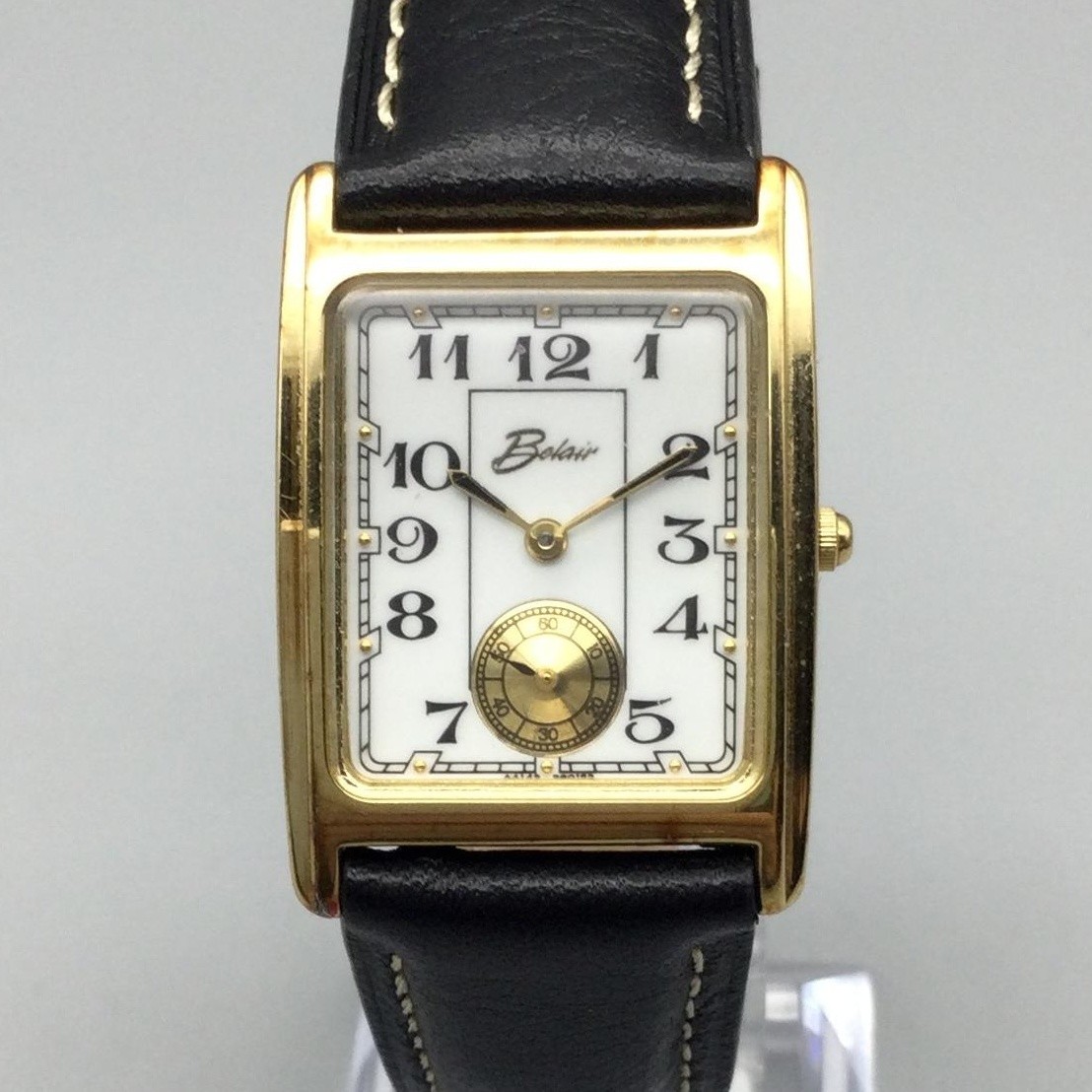 Belair Mens Watch 25mm Tank Gold Tone Black Leather 980.163 New Battery