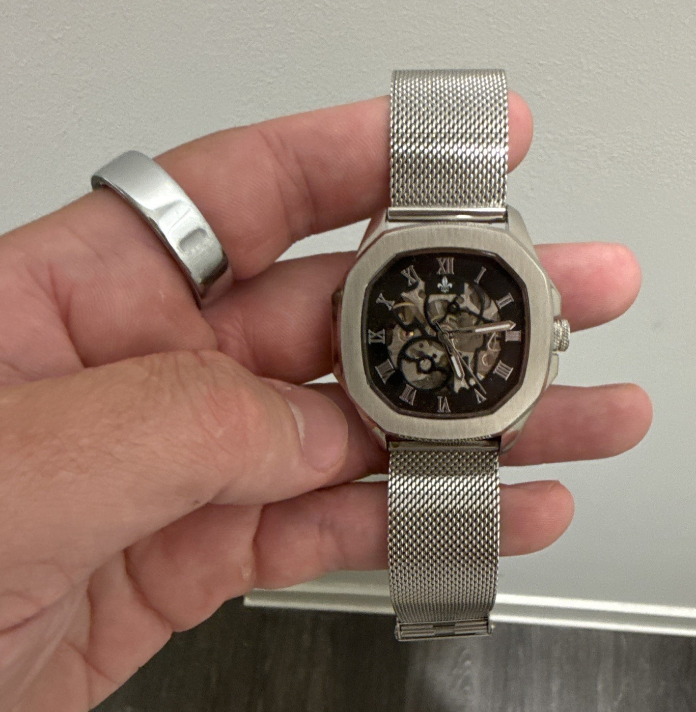 Ralph Christian Men’s Skeleton Automatic Octagon 44mm Silver Mesh “The Avalon”