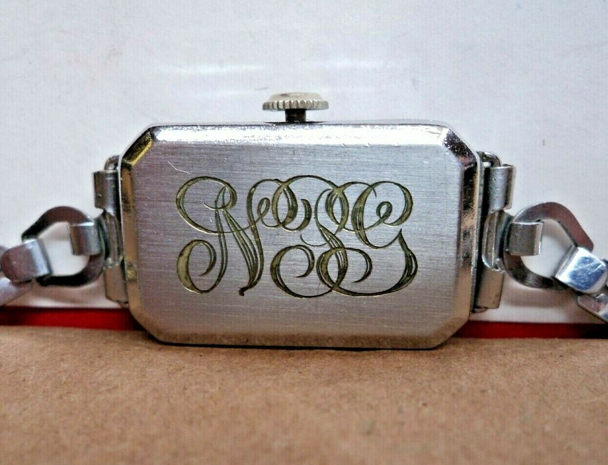 1920s BRUNVIL 15J 3Adj. Swiss Engraved White Gold Fill Art Nouveau Womens Watch