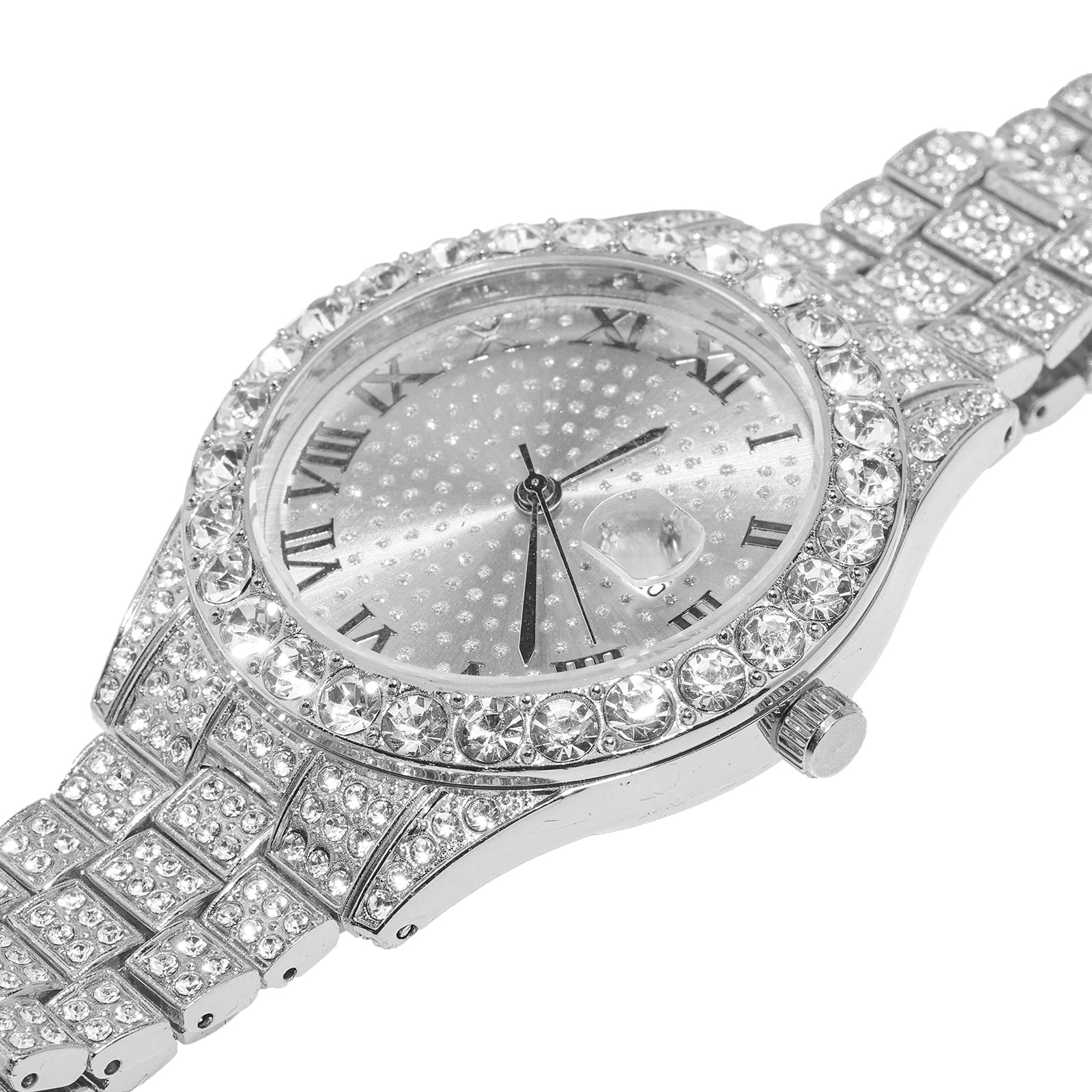 Mens Luxury Diamond Watch Silver Plated Round Dial Quartz Wristband 42MM NEW!