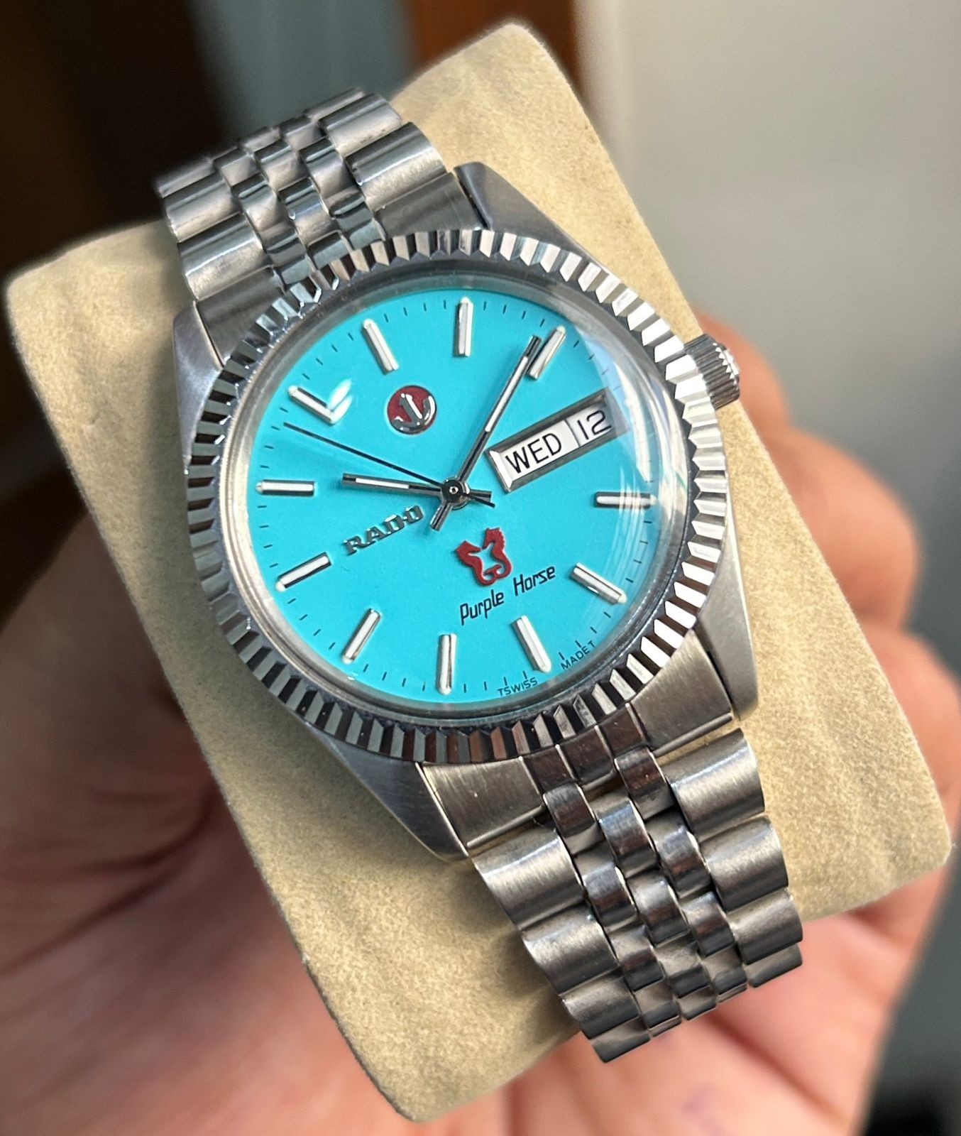Vintage Rado Purple Horse Sky Blue Dial Wrist Watch For Mens Japan Swiss