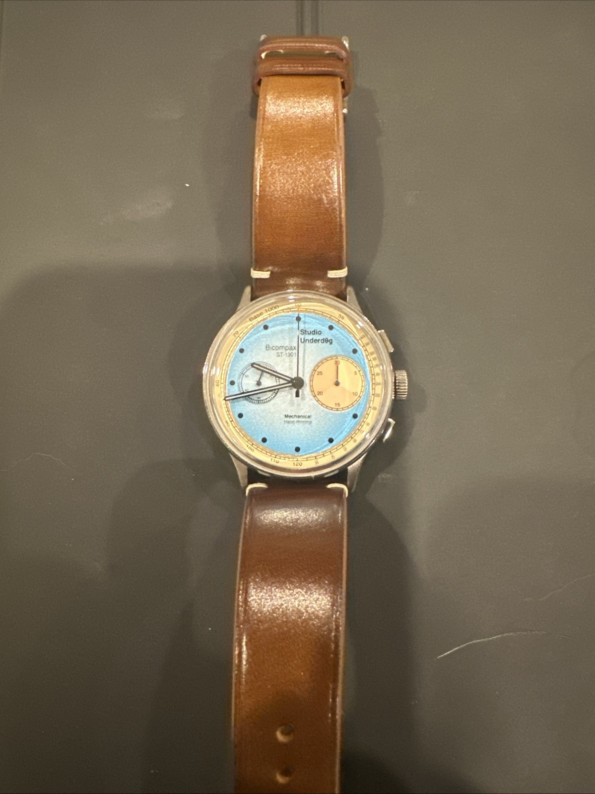 Studio Underd0g Bicompax 38mm Manual Chronograph Blue Dial Leather Strap Watch