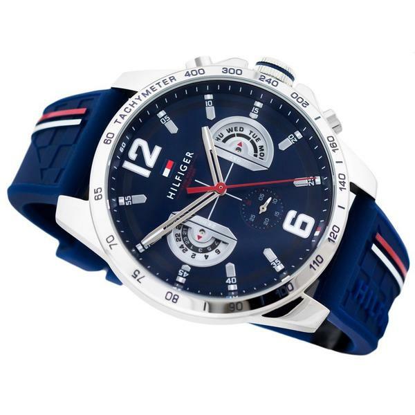 NEW TOMMY HILFIGER «DECKER» TH1791476 BLUE/SILVER/RED CHRONOGRAPH MENS WATCH